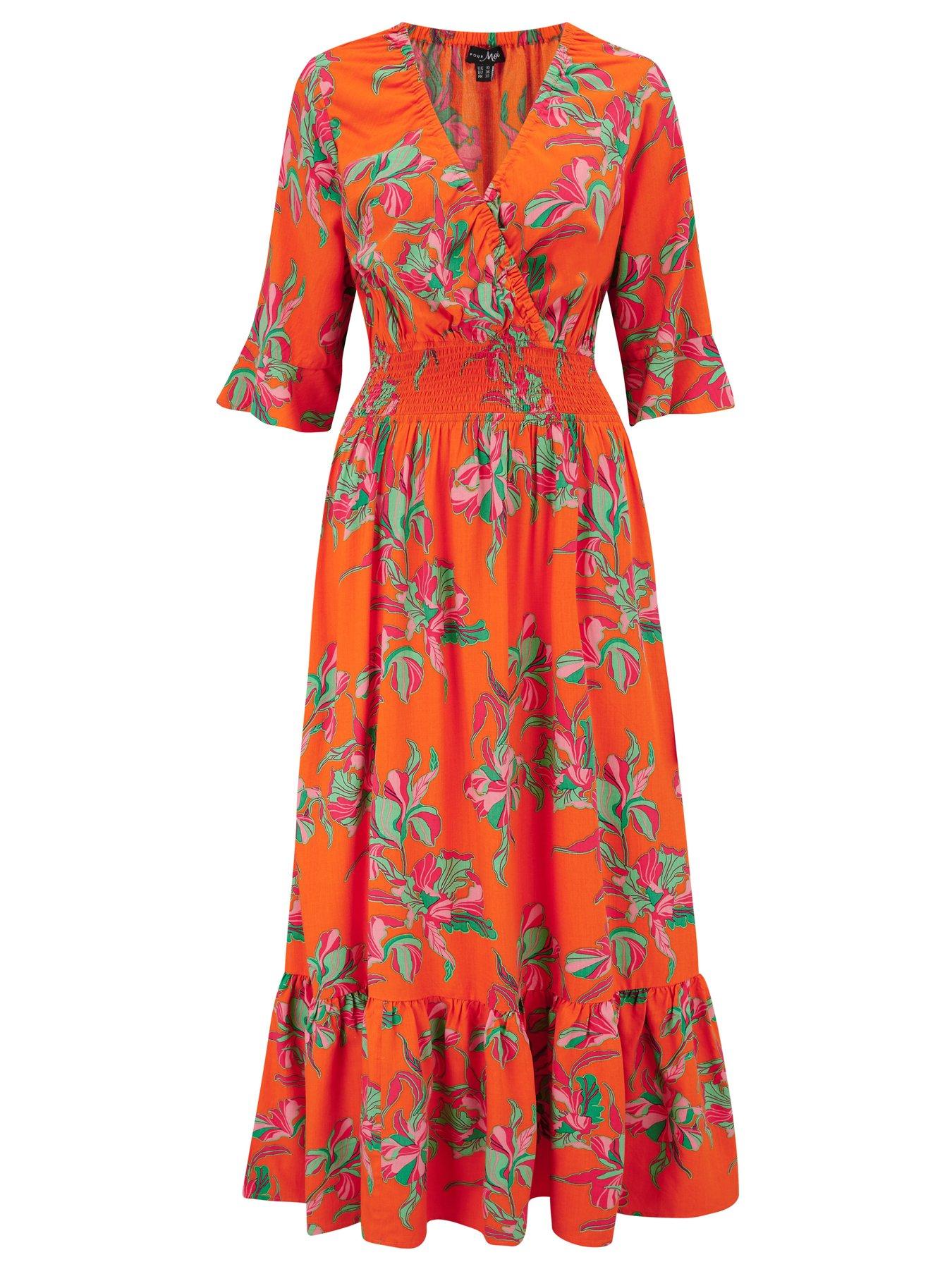 Image 3 of 4 of Pour Moi Carmen Fuller Bust Elasticated Neckline Woven Midaxi Dress - Orange