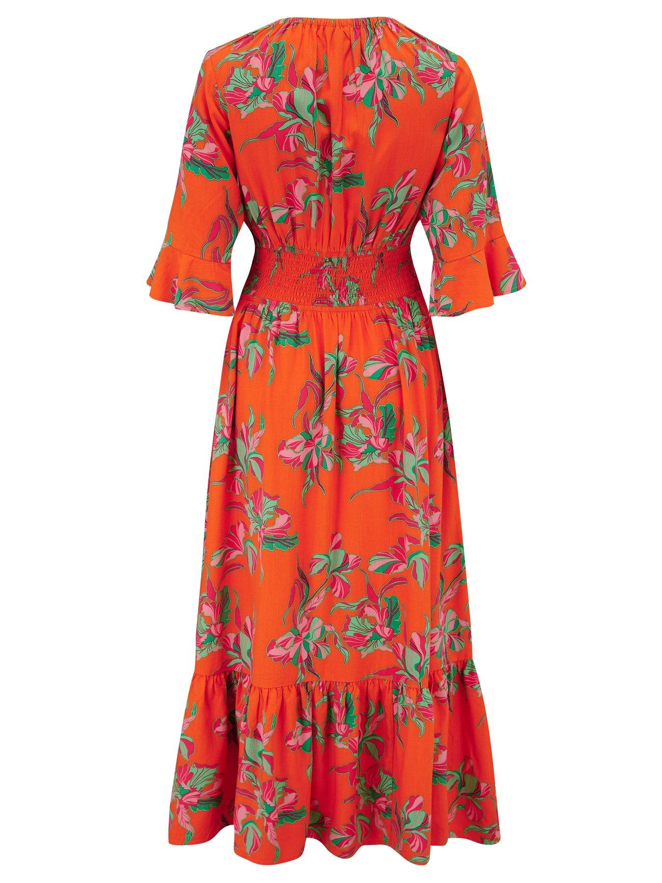 Image 4 of 4 of Pour Moi Carmen Fuller Bust Elasticated Neckline Woven Midaxi Dress - Orange
