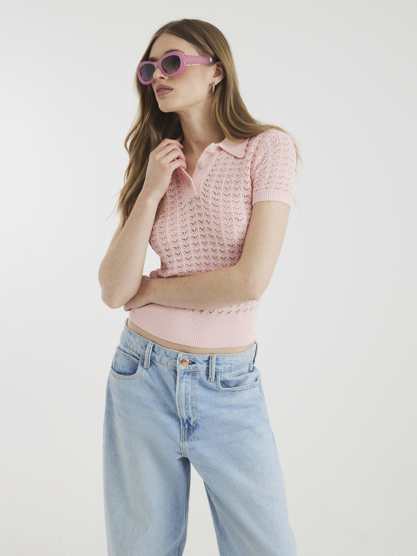undefined Diamante Trim Crochet Polo Shirt
