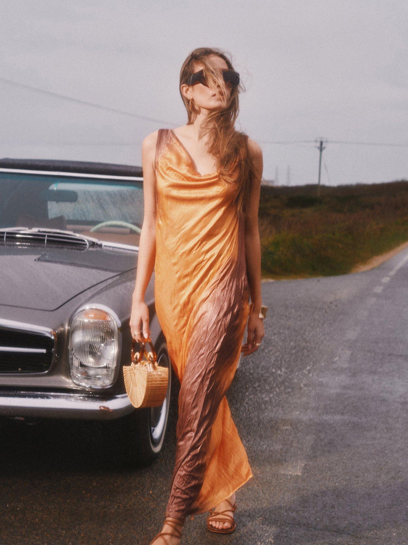 Image 1 of 5 of River Island Sleeveless Crinkled Ombre Midi Dress - Orange
