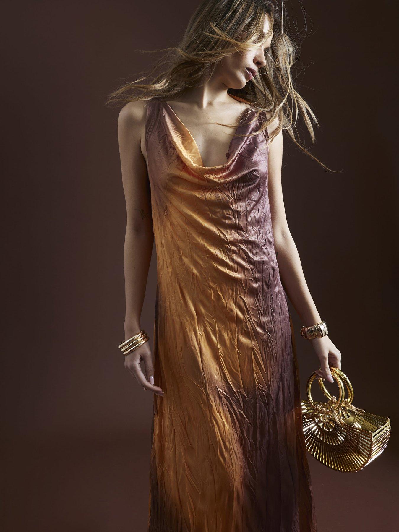 Image 4 of 5 of River Island Sleeveless Crinkled Ombre Midi Dress - Orange