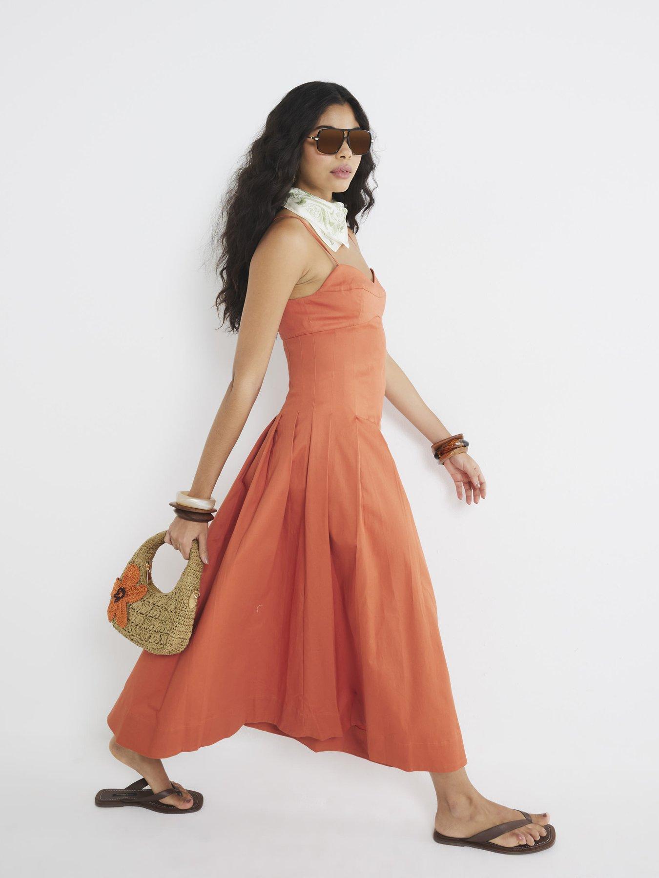  image of river-island-sleeveless-strappy-corset-midi-dress-dark-orange