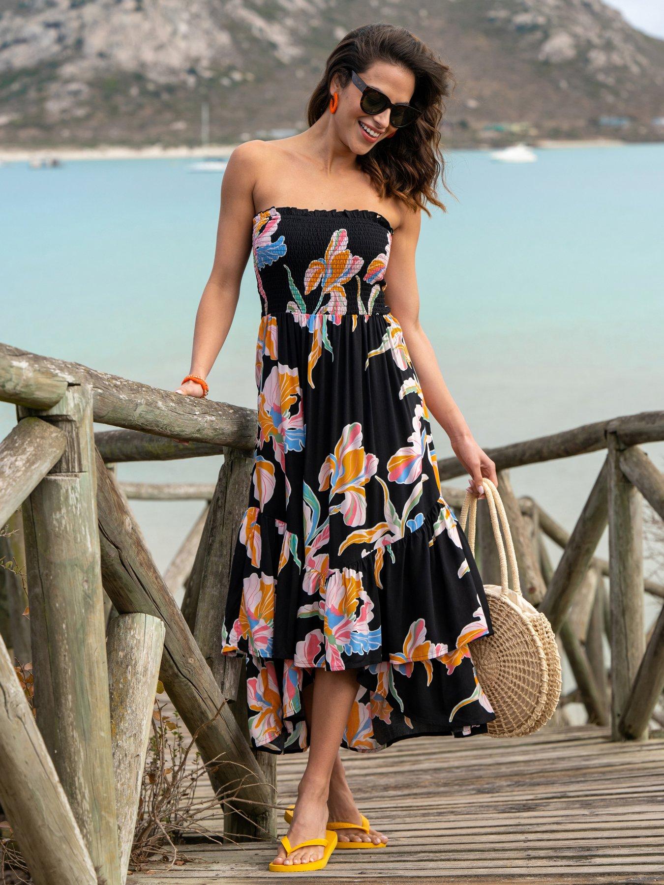 undefined Strapless Asymmetric Tiered Woven Maxi Dress