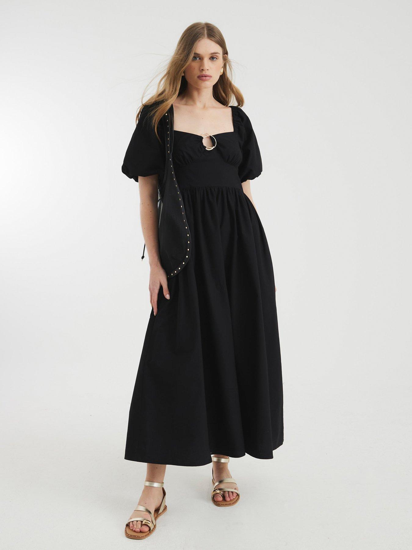 undefined Short Sleeve Ring Detail Midi Dress - Black