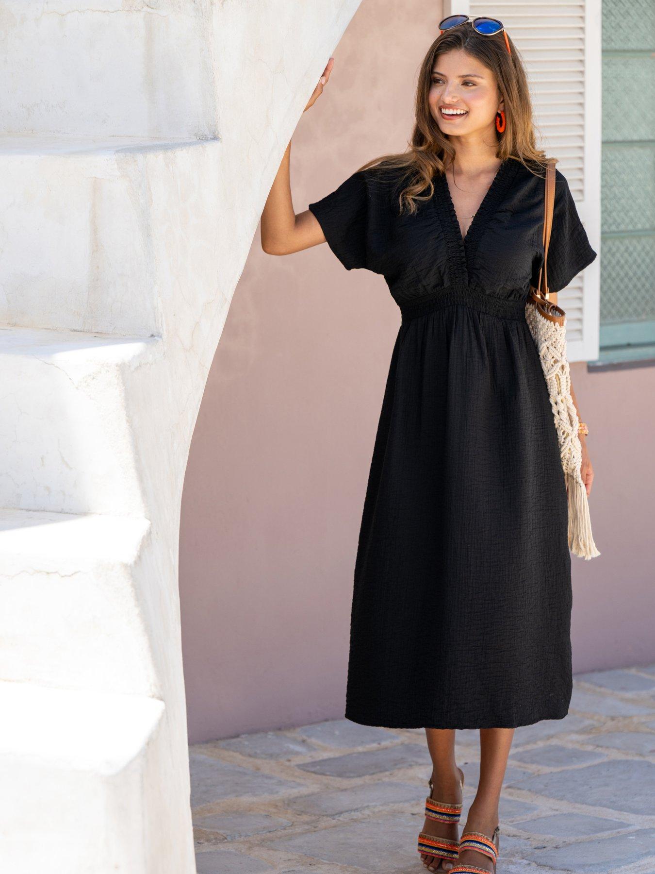undefined Shirred Neckline Textured Woven Midi Dress