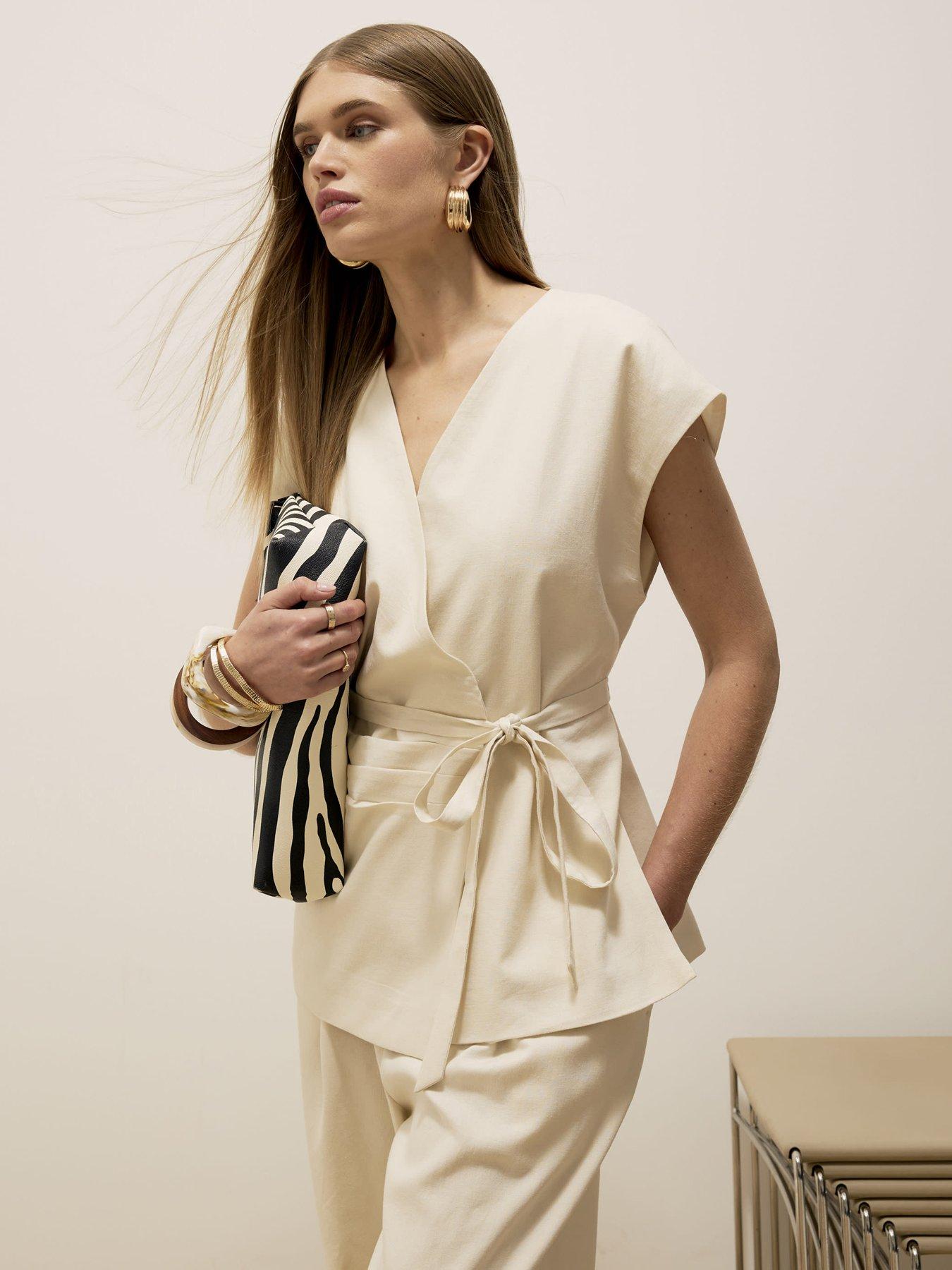 undefined Beige Off Shoulder Wrap Tie Tunic Top