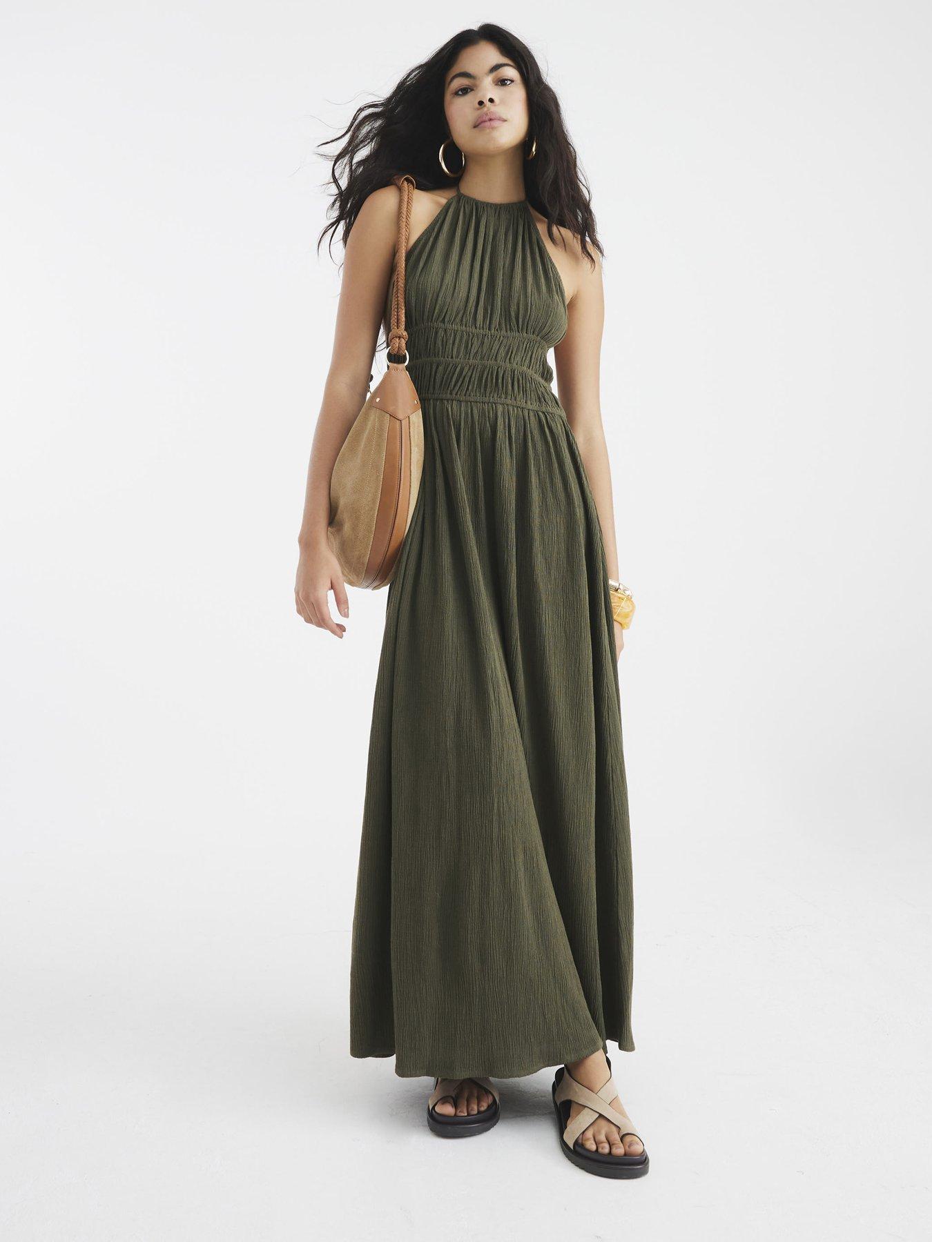 undefined Halter Neck Maxi Dress - Khaki