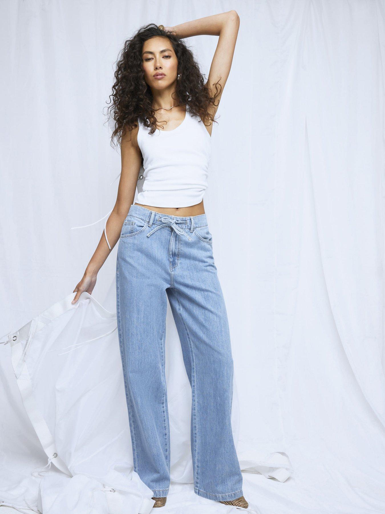 front image of river-island-wide-leg-tie-front-jeans-blue
