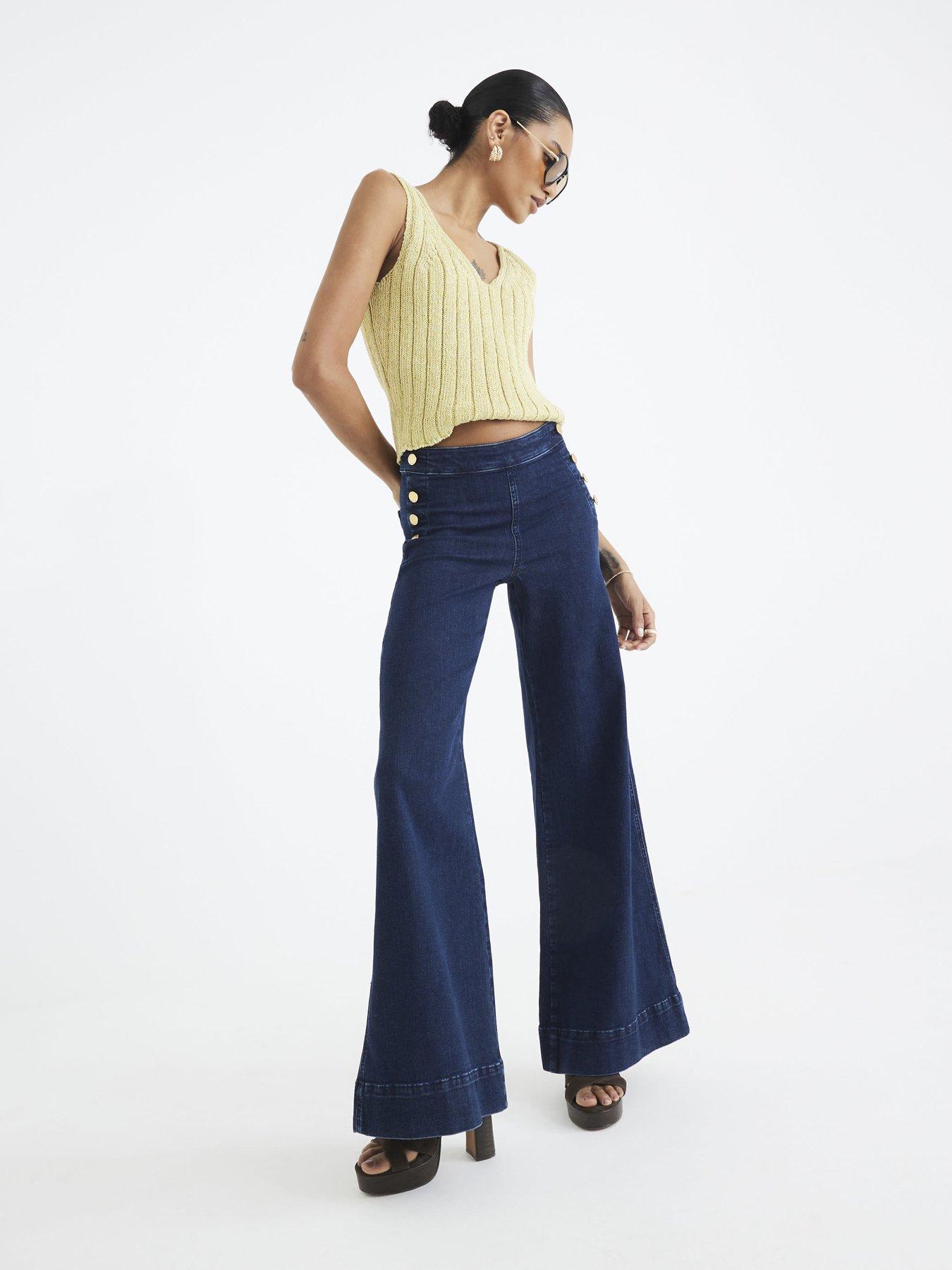 undefined High Rise Palazzo Button Detail Jeans - Blue