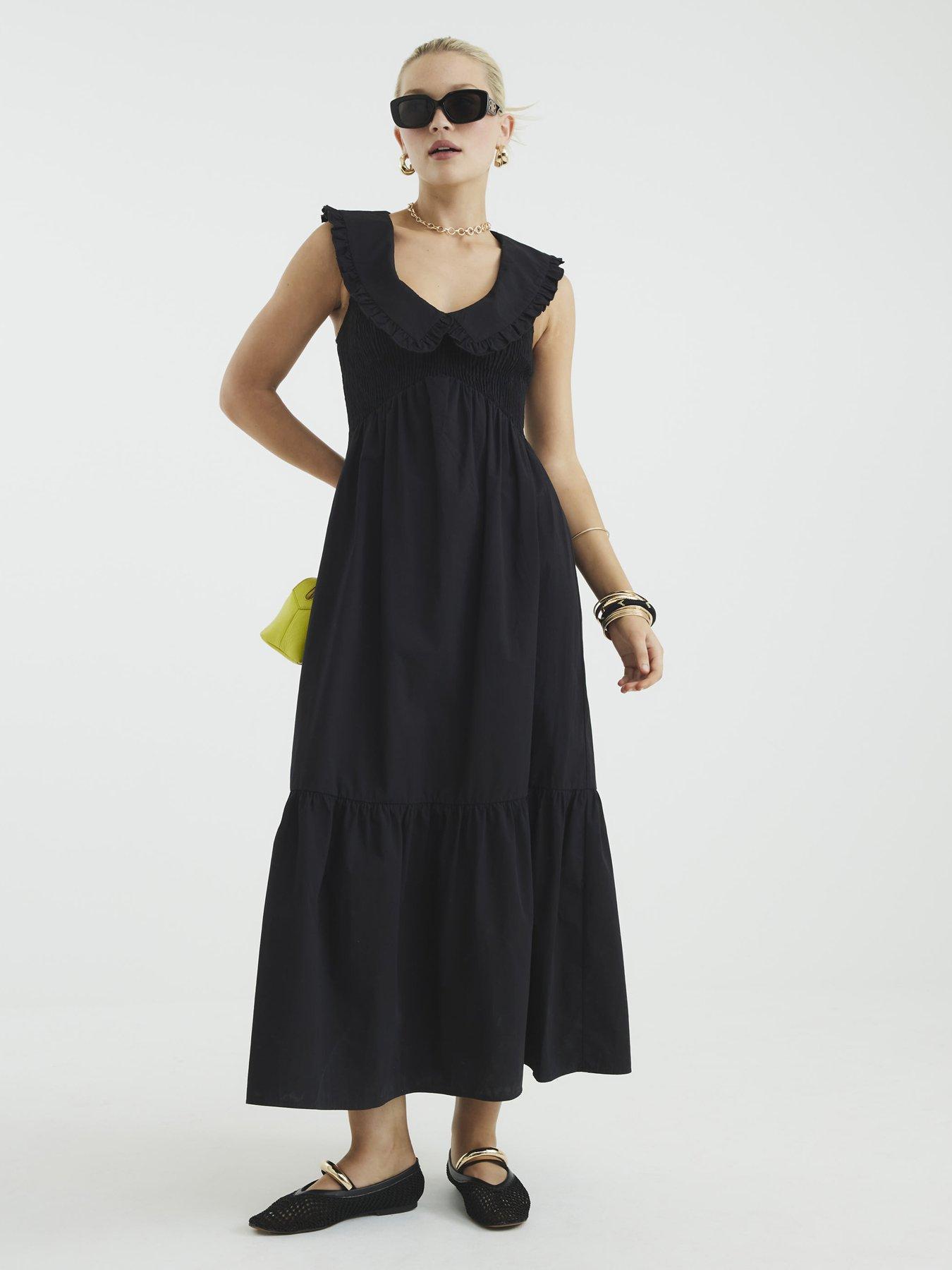 undefined Ruffle Collar Shirred Maxi Dress - Black