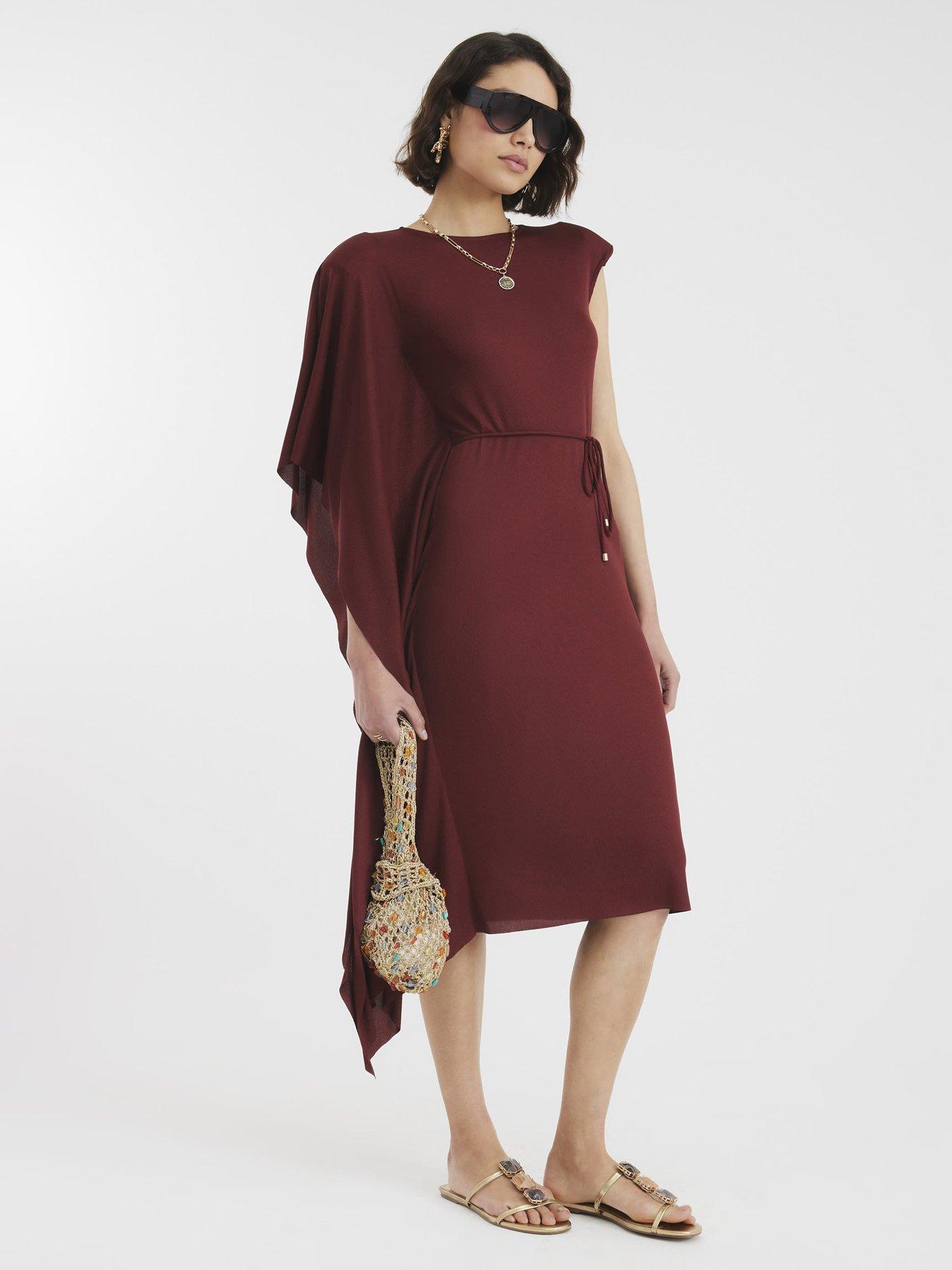 undefined Cape Ribbed Belted Midi Dress