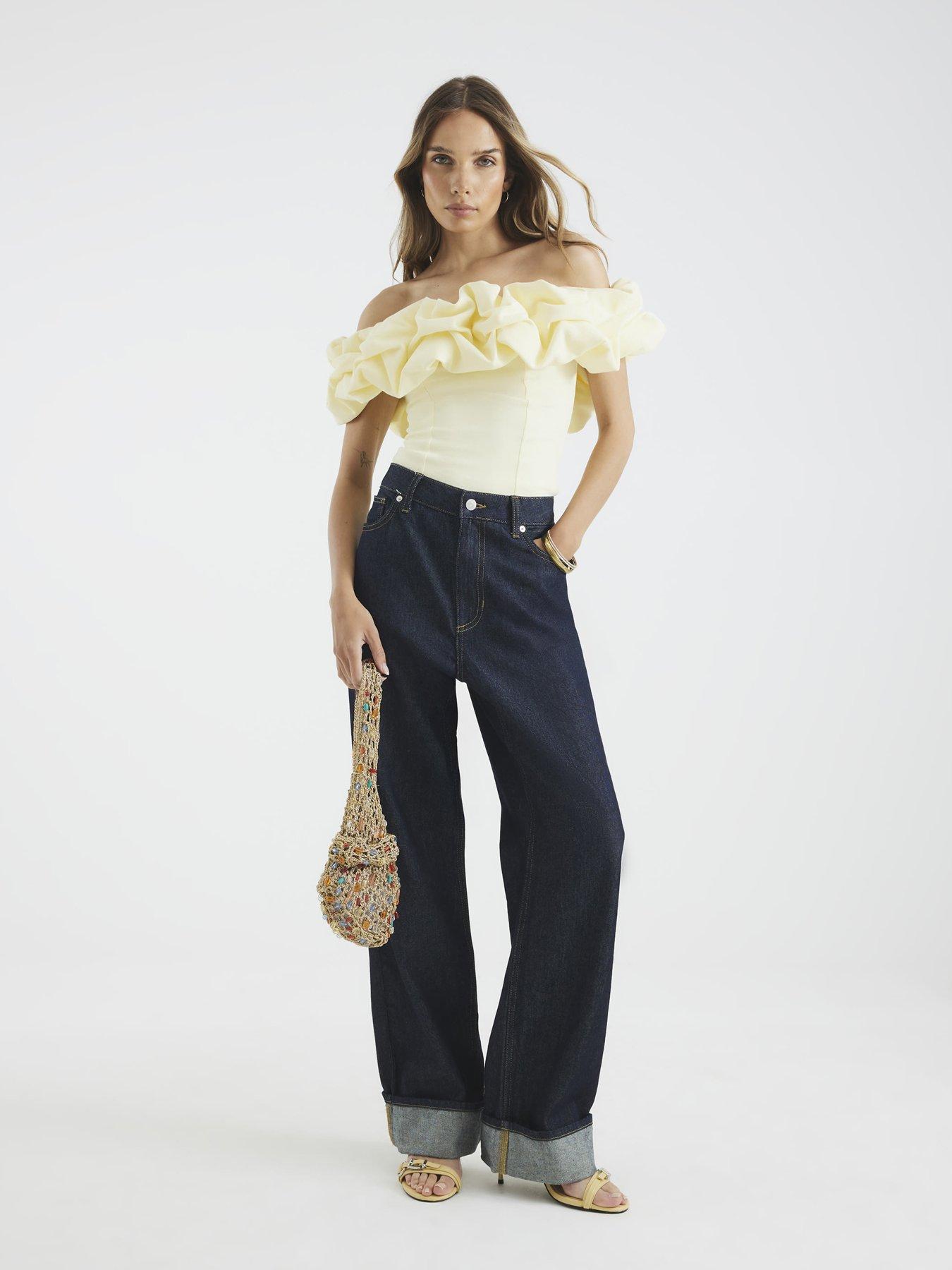 undefined Short Sleeve Ruffle Bardot Top