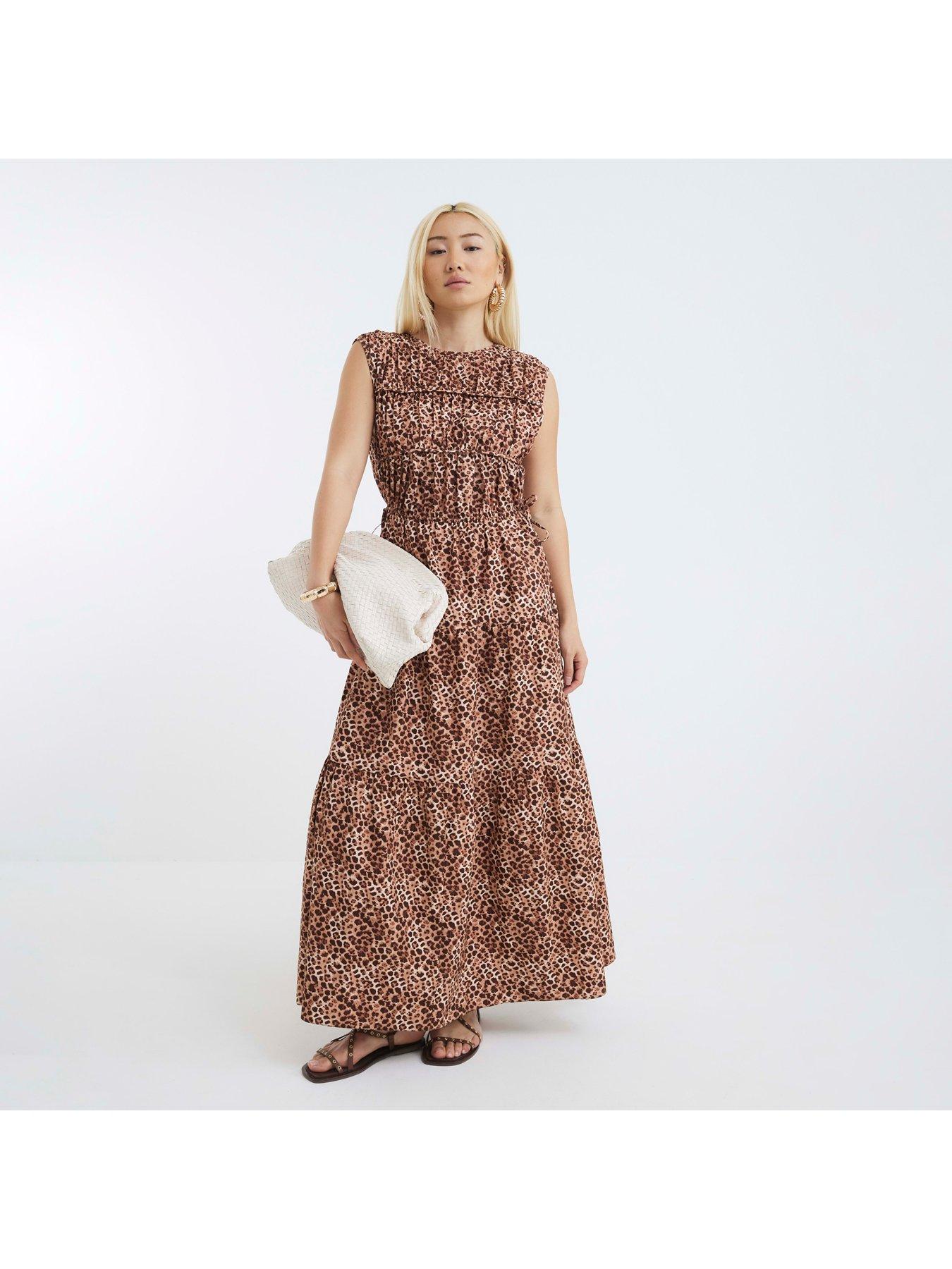 undefined Drawstring Tiered Leopard Maxi Dress