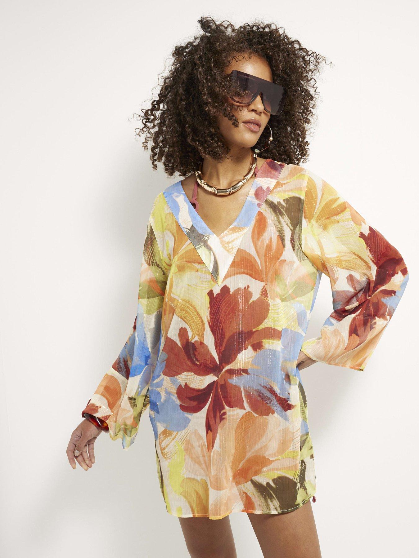 undefined Printed Long Sleeve Beach Dress