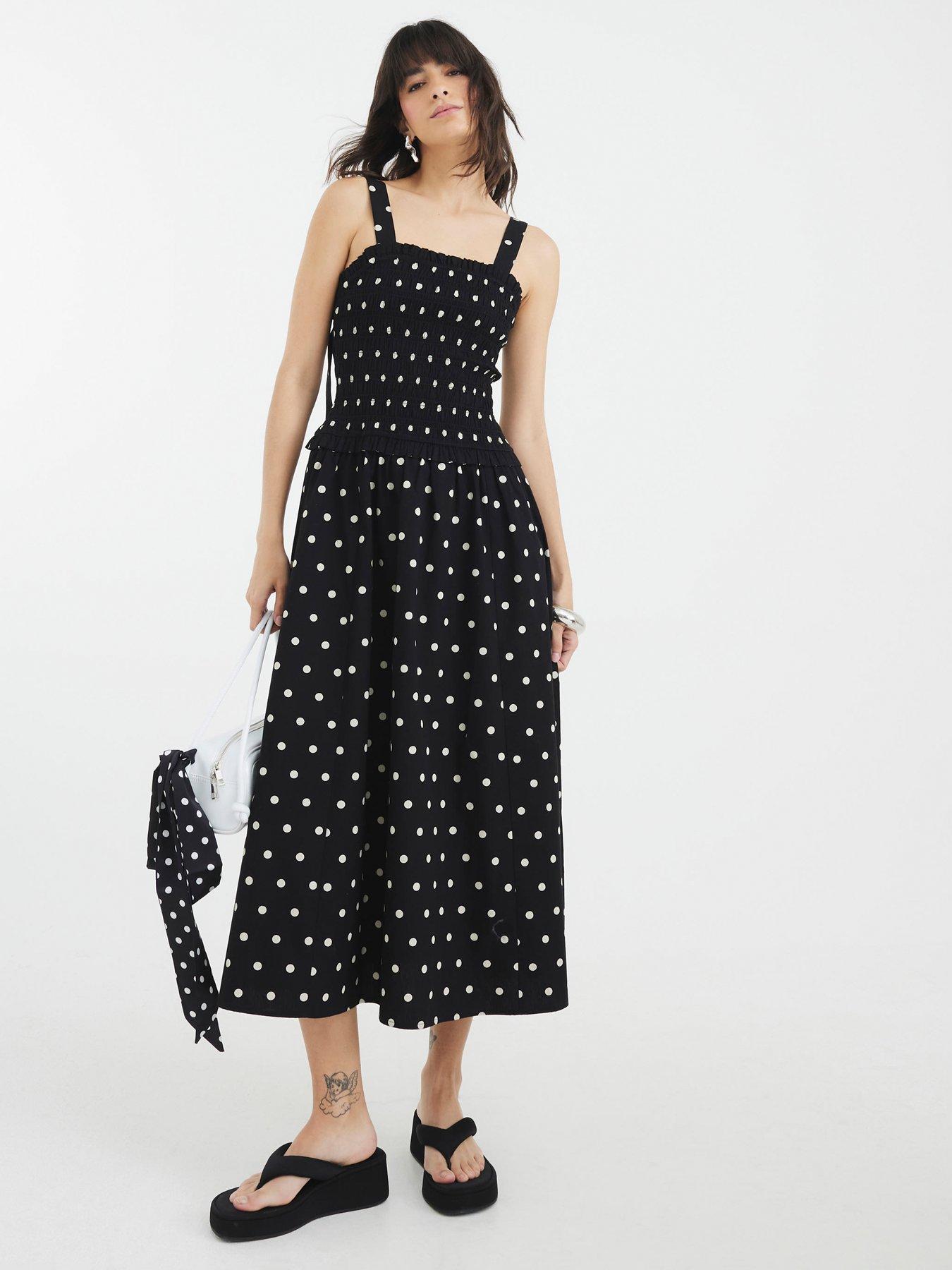 undefined Polka Dot Shirred Midi Dress
