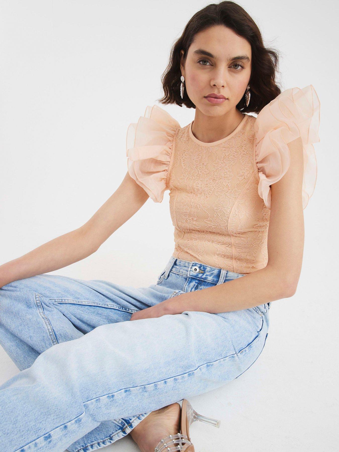 undefined Short Sleeve Lace Ruffle Bodysuit