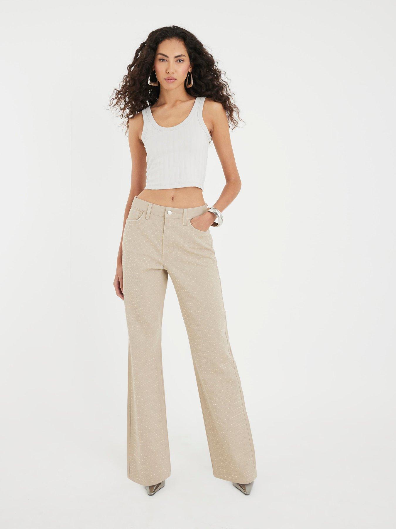 Image 1 of 4 of River Island Beige High Rise Diamante Loose Wide Leg Jeans