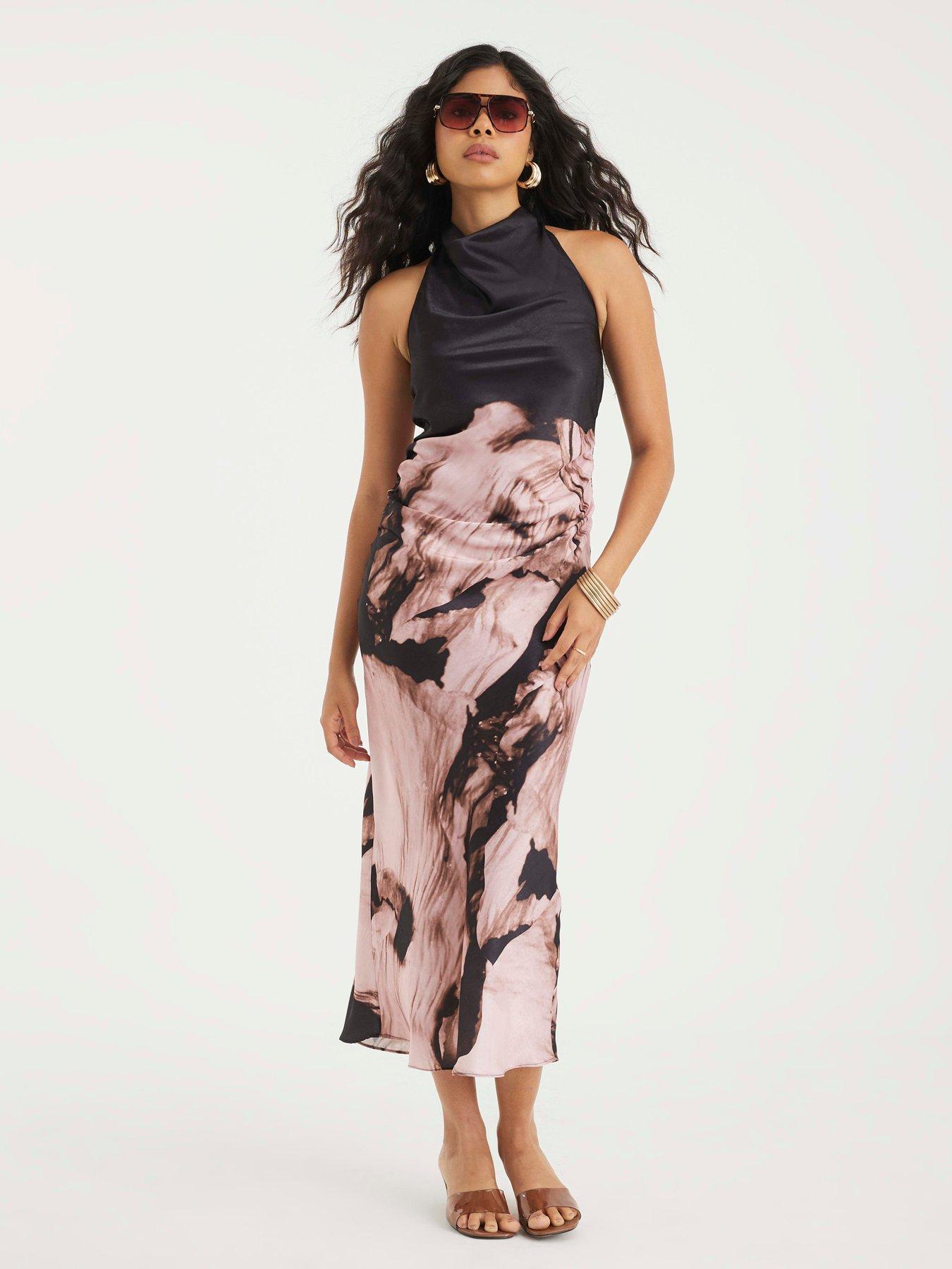 Image 1 of 4 of River Island Pink Satin Printed Cowl Neck Slip Dress