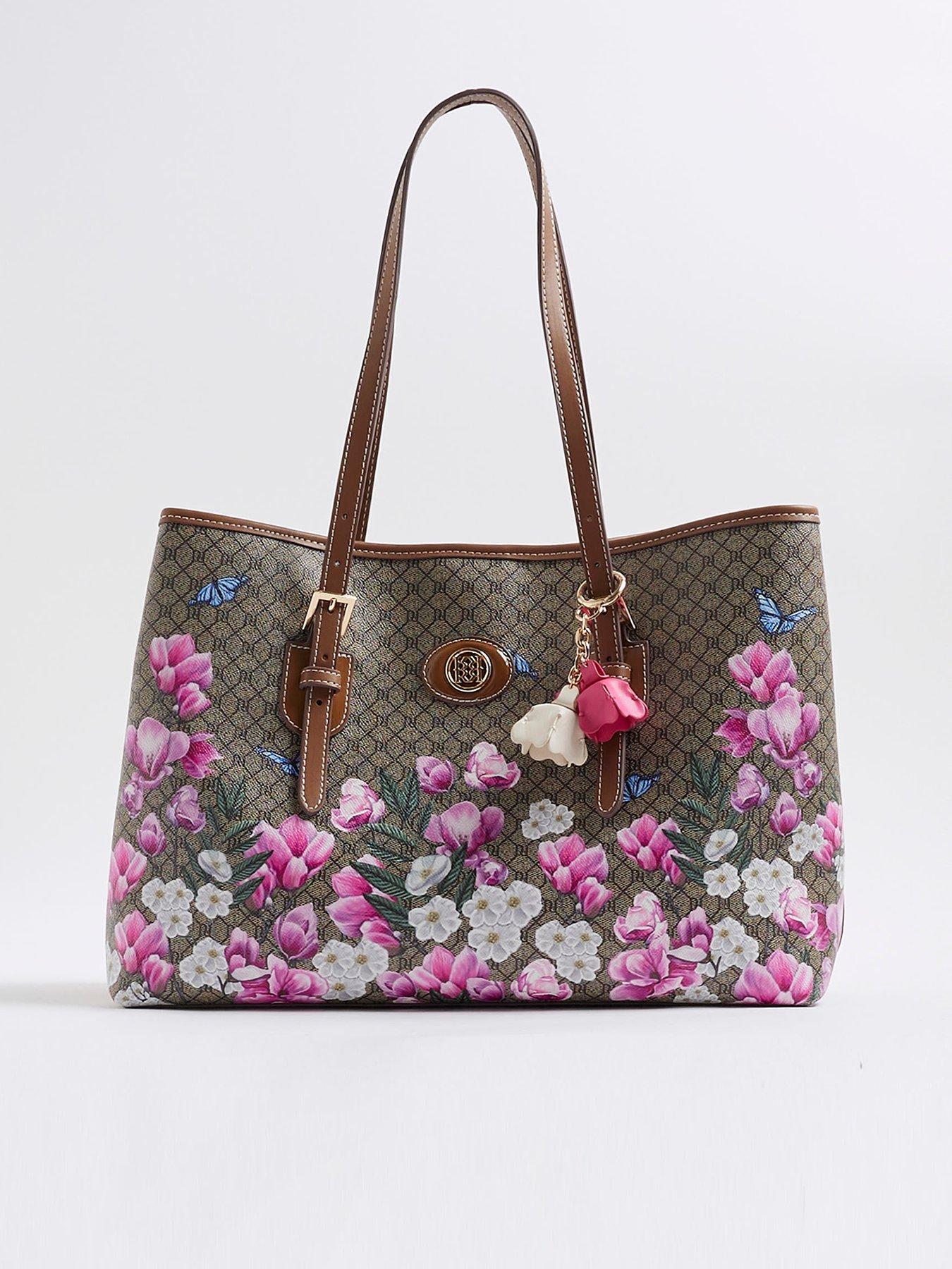 Image 1 of 4 of River Island Floral Monogram Buckle Shopper Bag