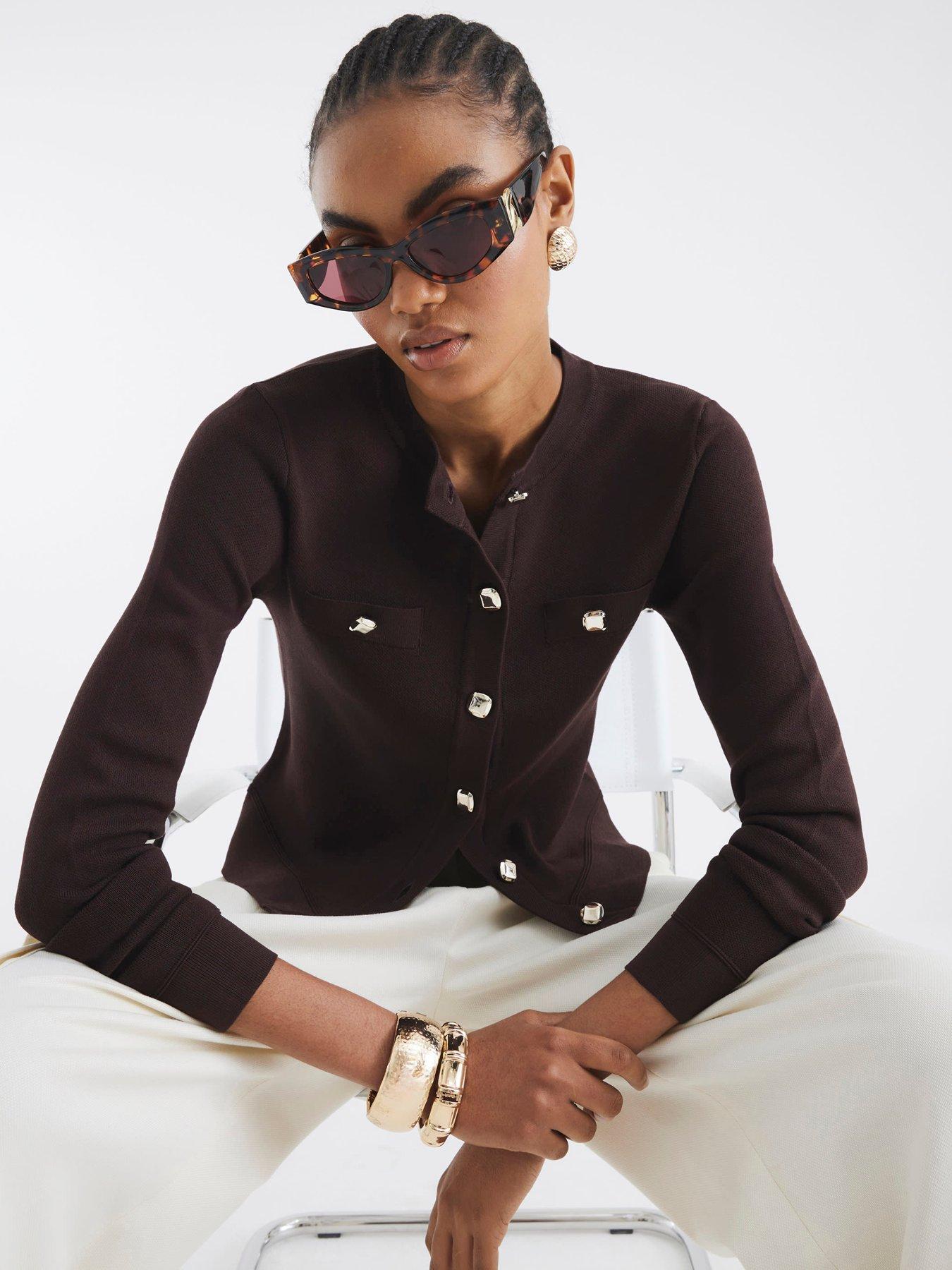 undefined Knit Fitted Button Up Cardigan - Brown