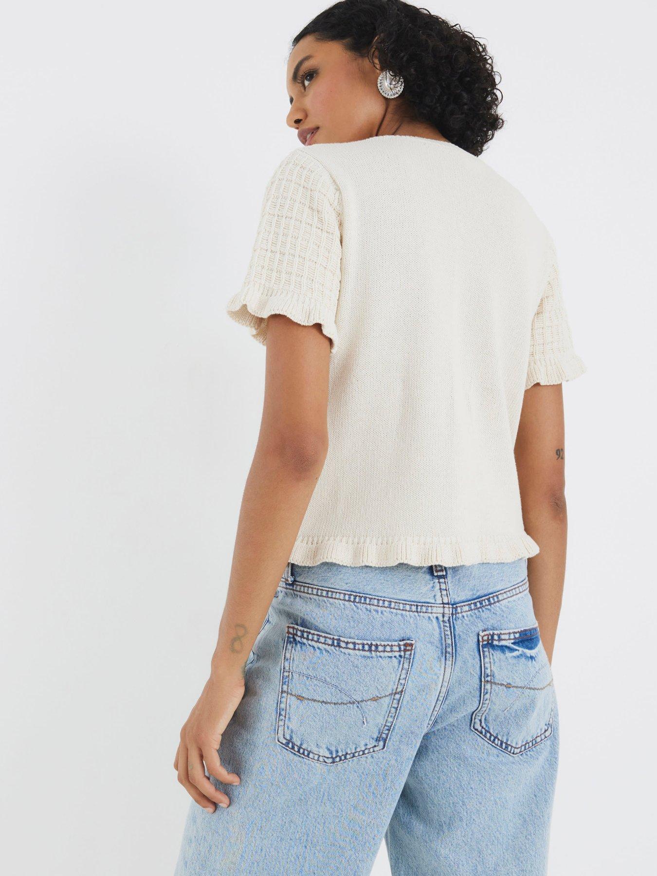 Image 2 of 4 of River Island Cream Knitted Frill Short Sleeve Cardigan