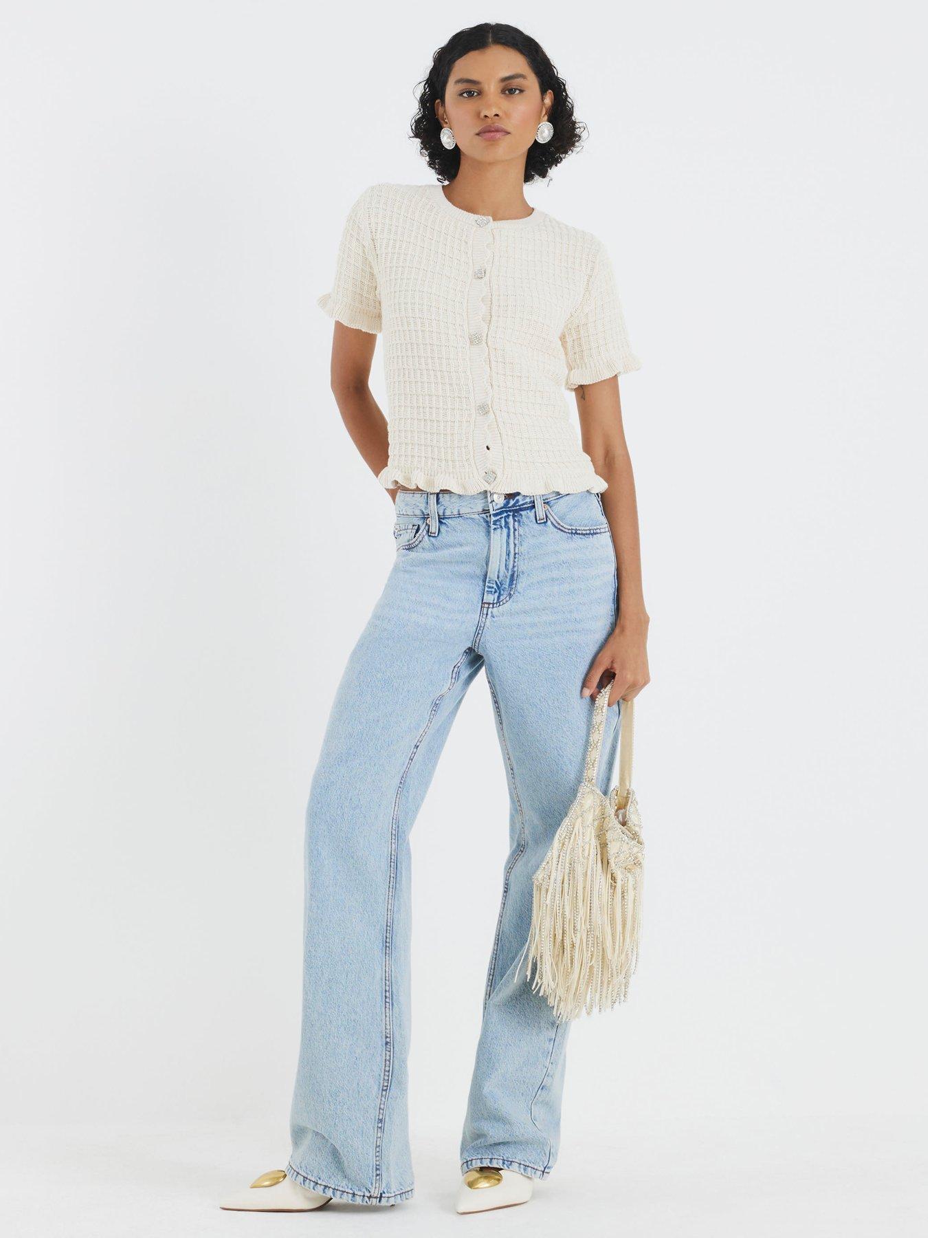 Image 3 of 4 of River Island Cream Knitted Frill Short Sleeve Cardigan