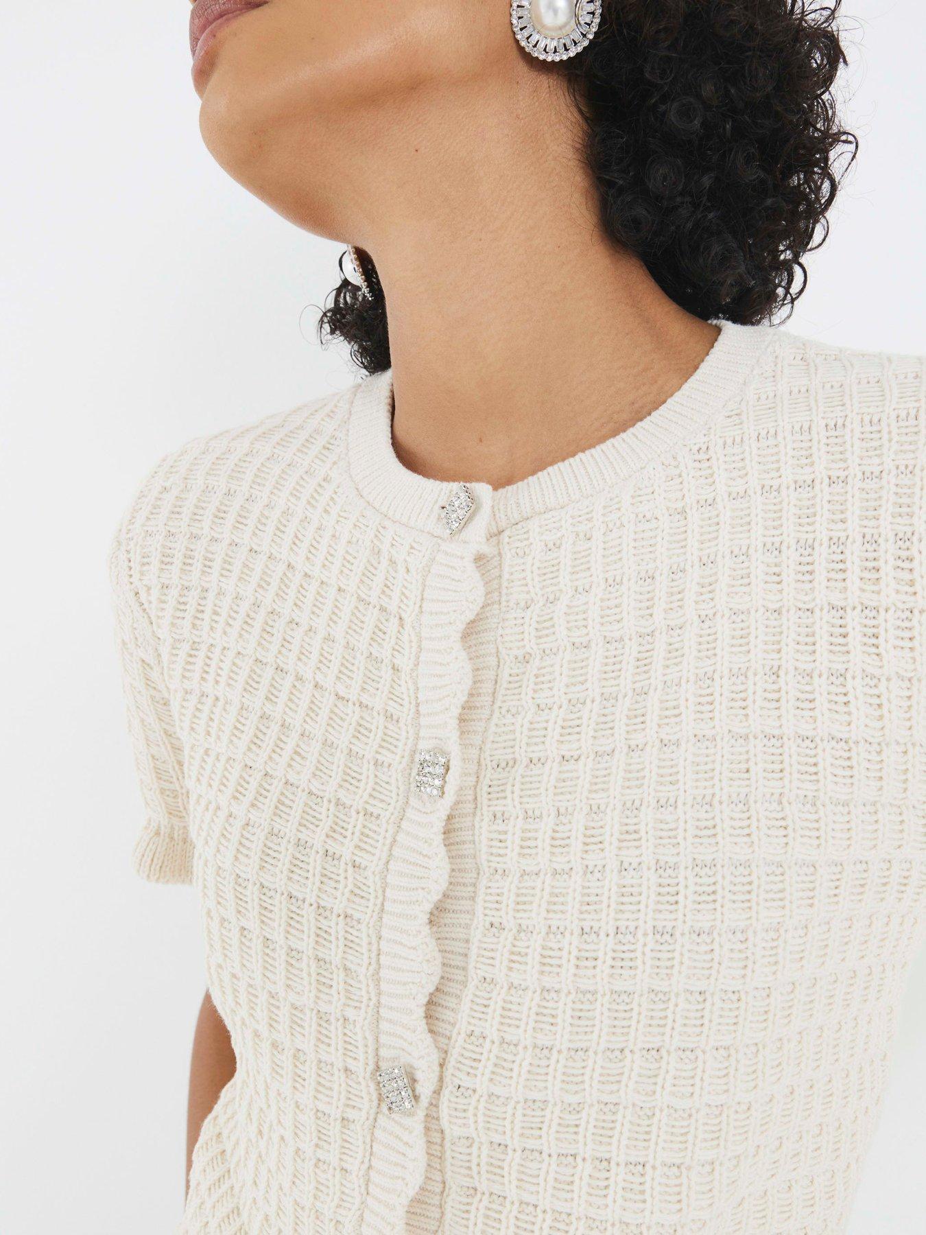 Image 4 of 4 of River Island Cream Knitted Frill Short Sleeve Cardigan