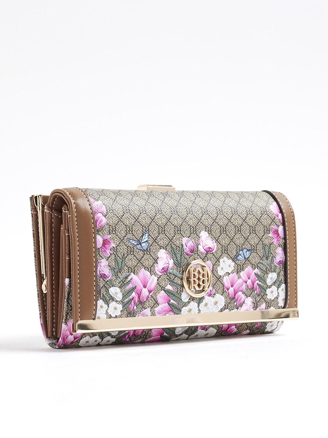 Image 3 of 5 of River Island Floral Monogram Cliptop Purse - Beige