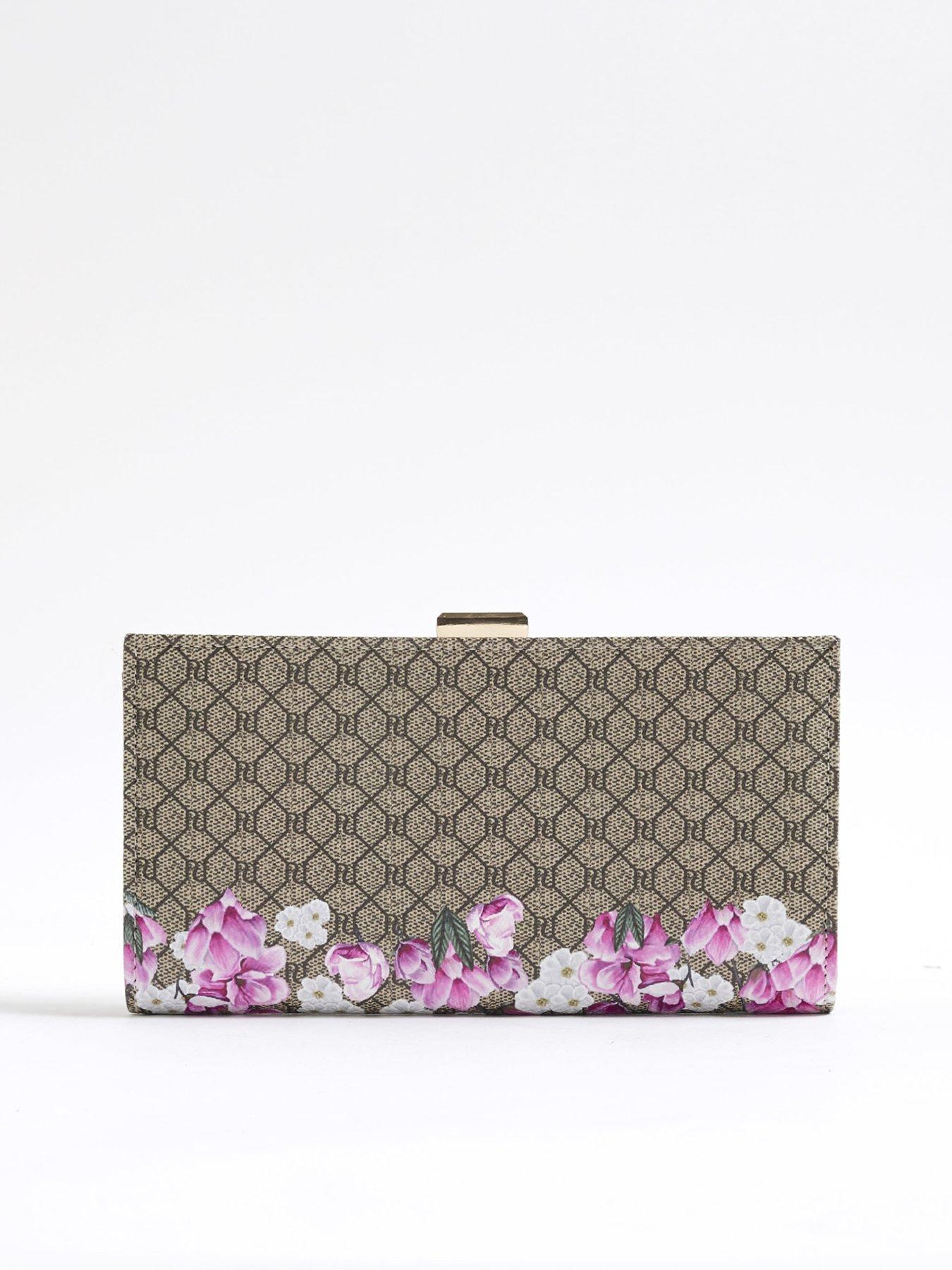 Image 4 of 5 of River Island Floral Monogram Cliptop Purse - Beige