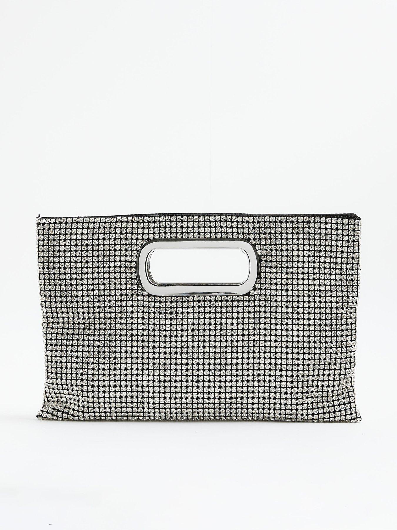 undefined Metal Handle Diamante Clutch Bag - Silver