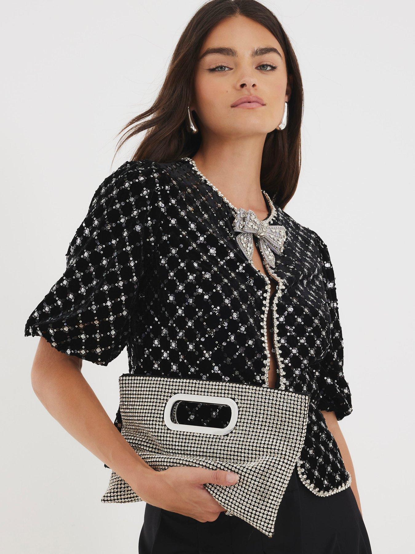 Image 2 of 5 of River Island Metal Handle Diamante Clutch Bag - Silver