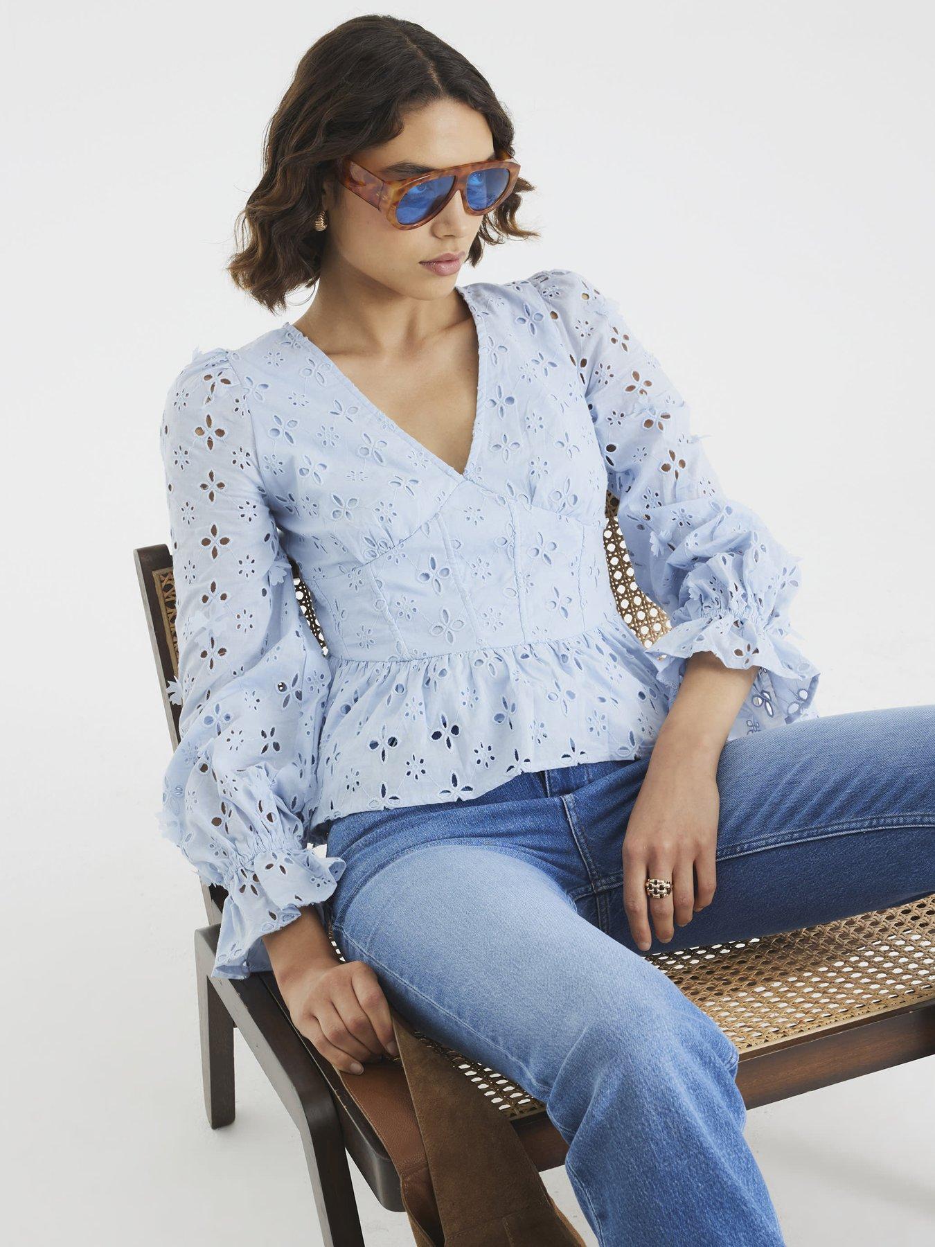 Image 1 of 4 of River Island Long Sleeve Broderie Peplum Blouse - Blue