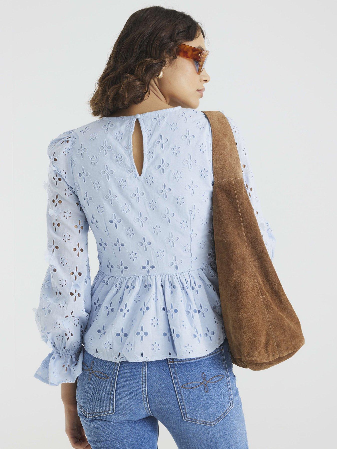 Image 2 of 4 of River Island Long Sleeve Broderie Peplum Blouse - Blue