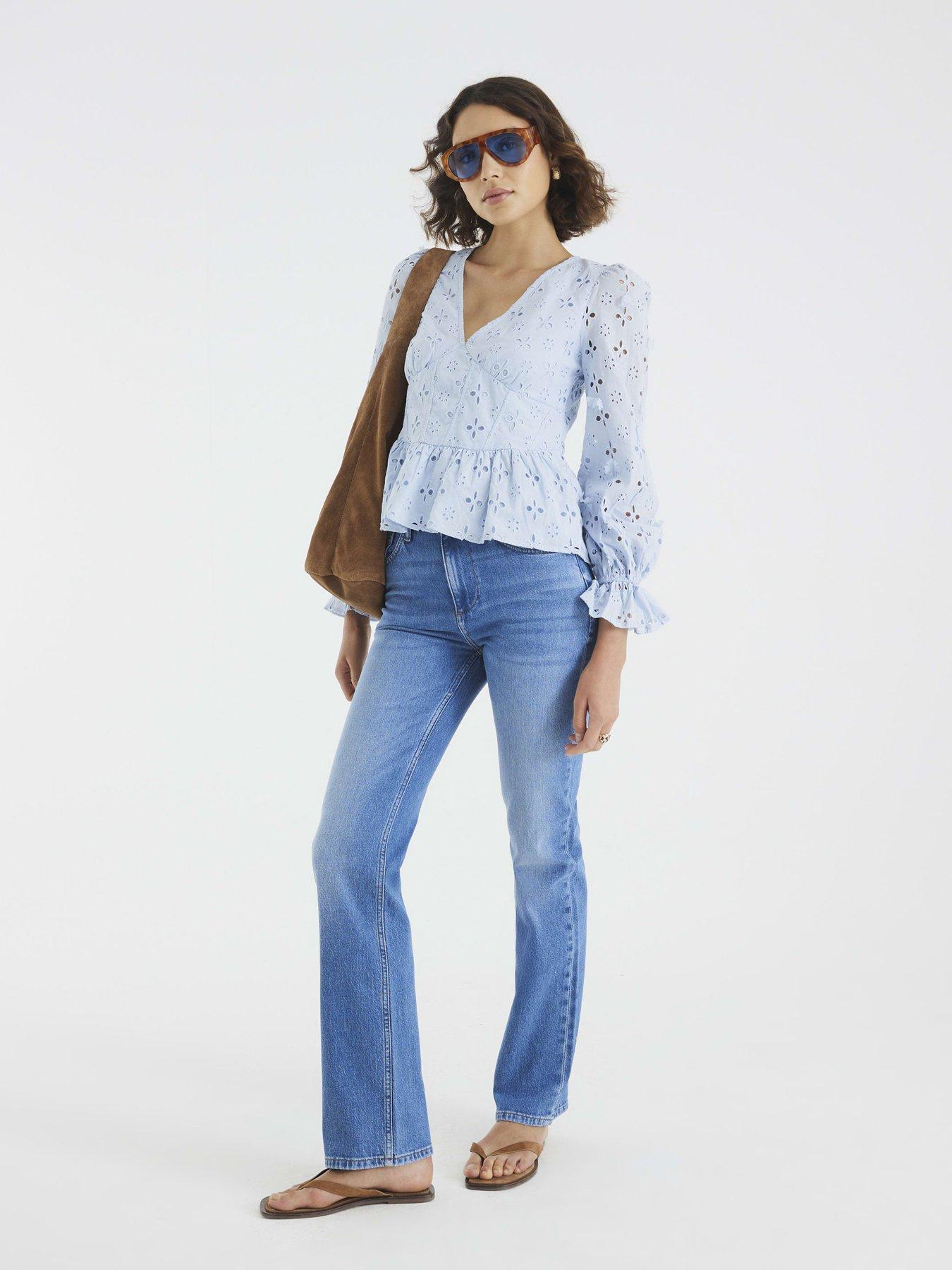 Image 3 of 4 of River Island Long Sleeve Broderie Peplum Blouse - Blue