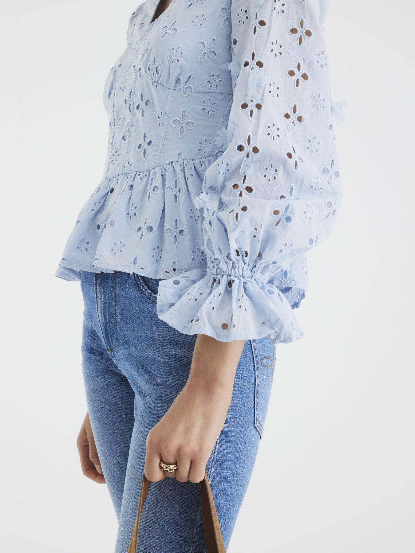 Image 4 of 4 of River Island Long Sleeve Broderie Peplum Blouse - Blue