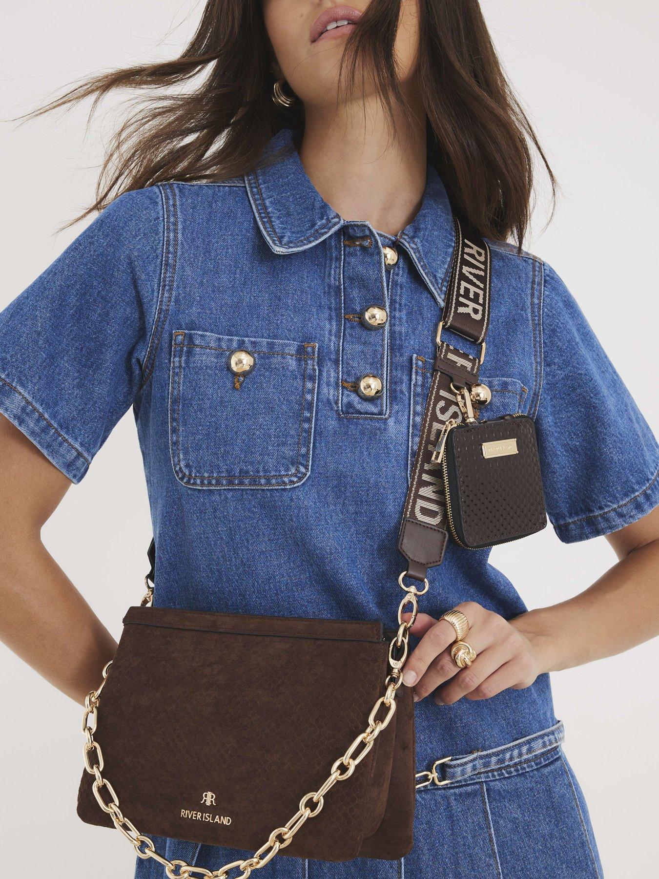 undefined Faux Suede Monogram Cross Body Bag - Brown
