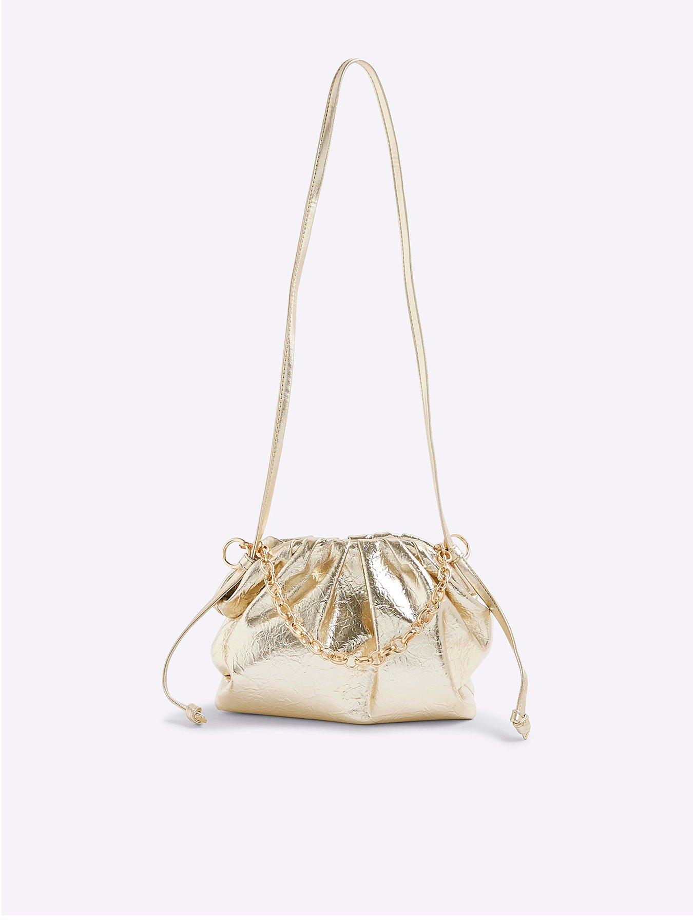 Image 1 of 5 of River Island Ruched Chain Detail Cross Body Bag - Gold