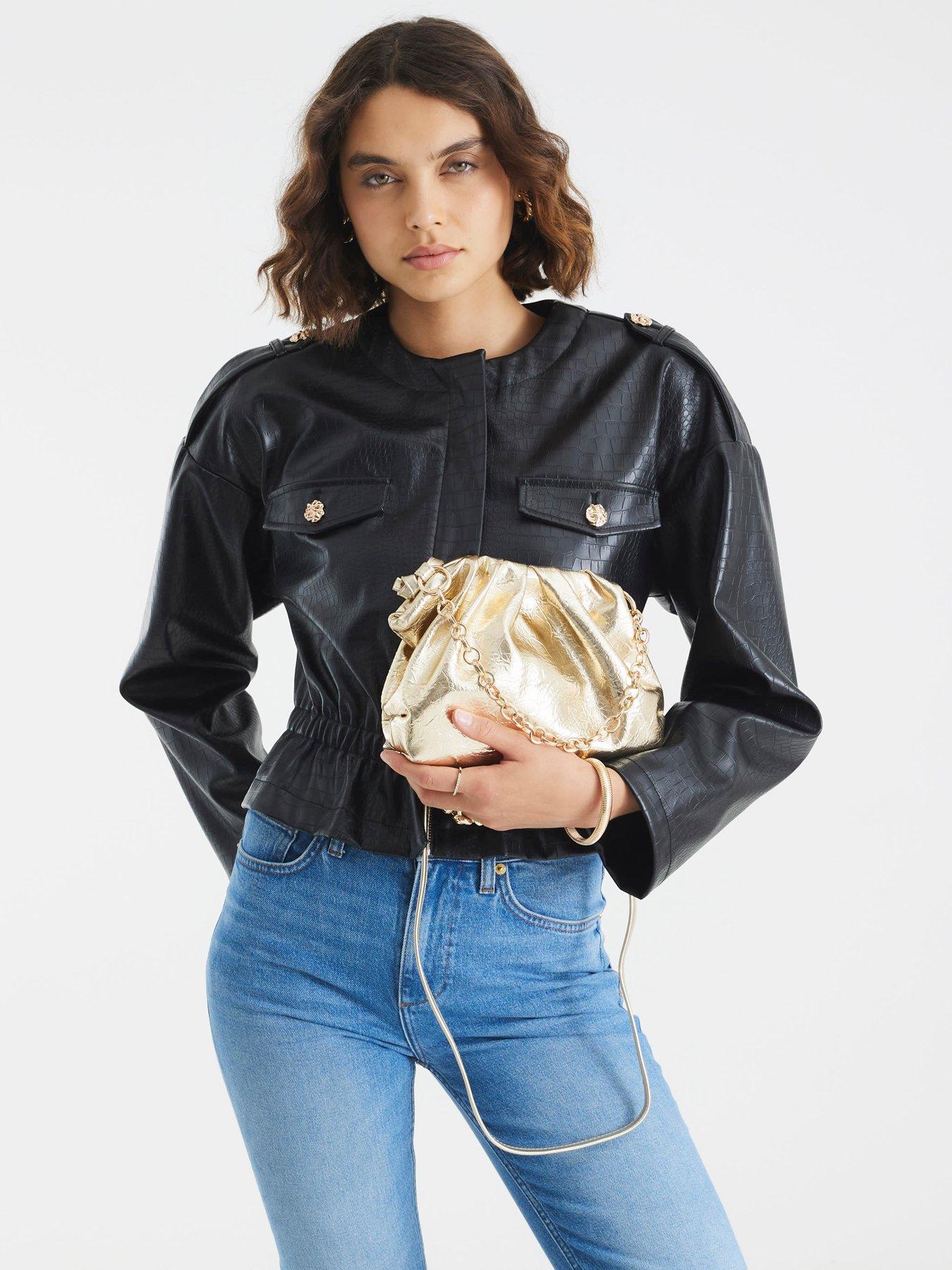 Image 2 of 5 of River Island Ruched Chain Detail Cross Body Bag - Gold