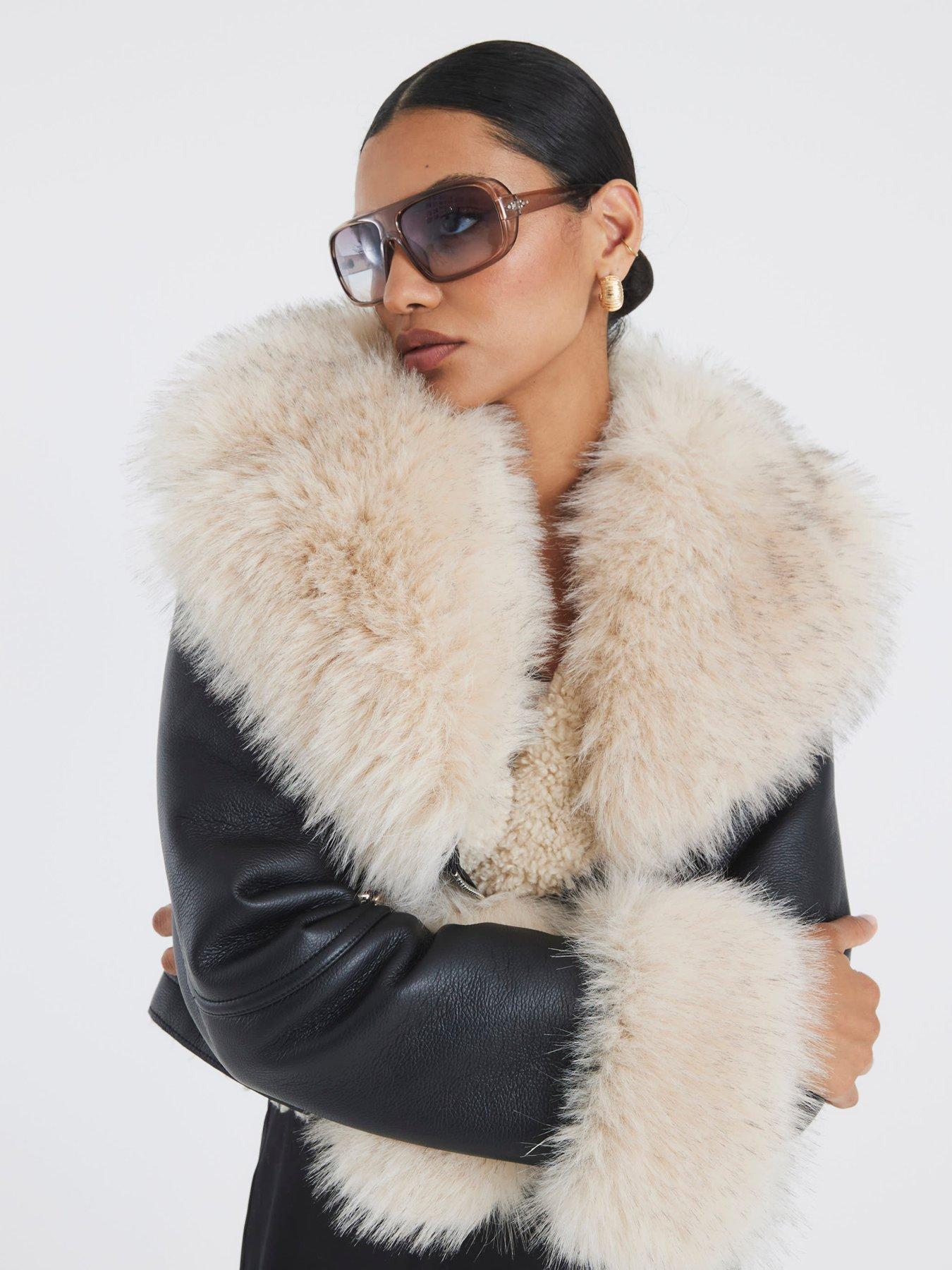 Image 1 of 4 of River Island Faux Fur Leather Biker Jacket - Black