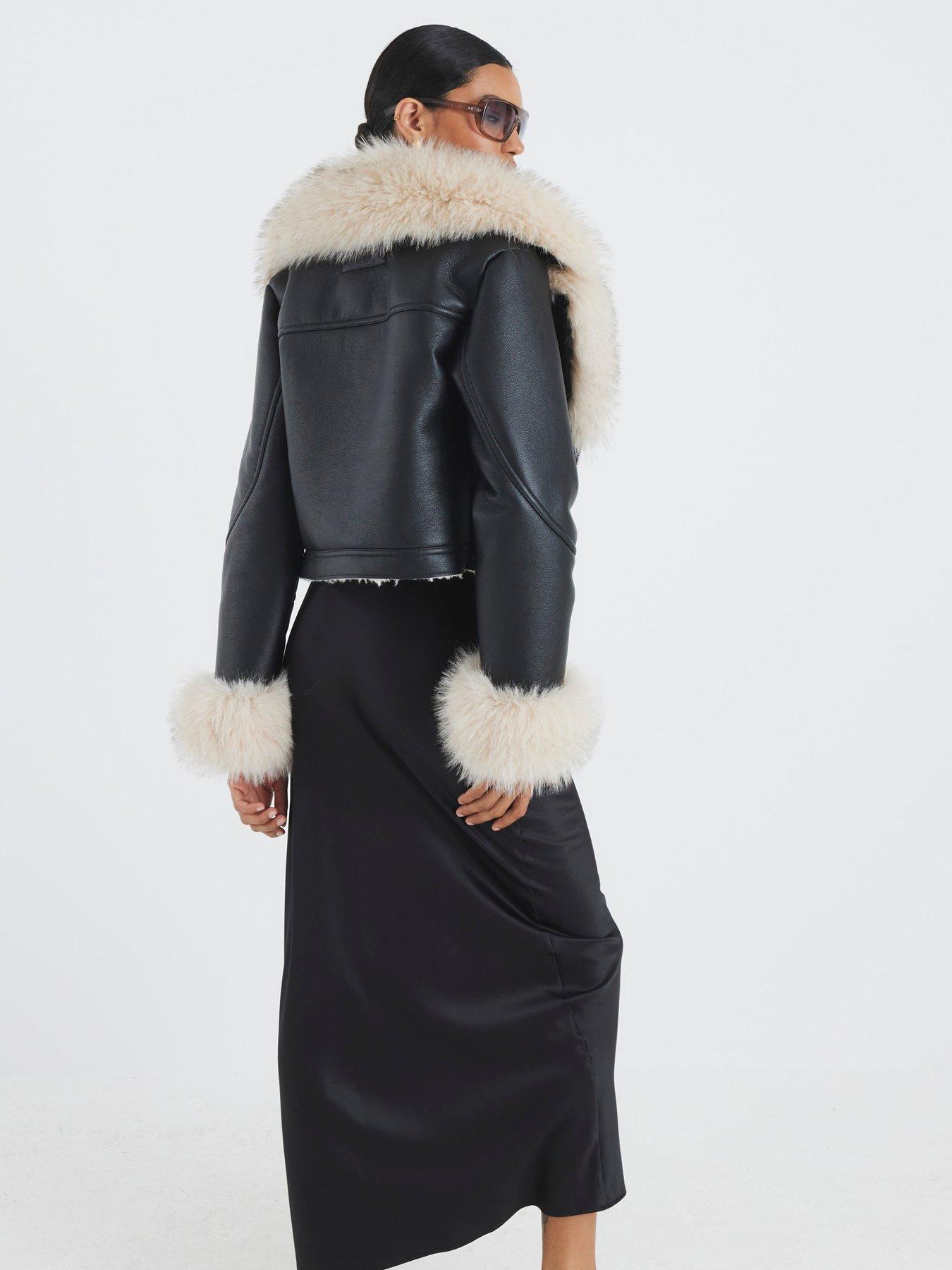 Image 2 of 4 of River Island Faux Fur Leather Biker Jacket - Black