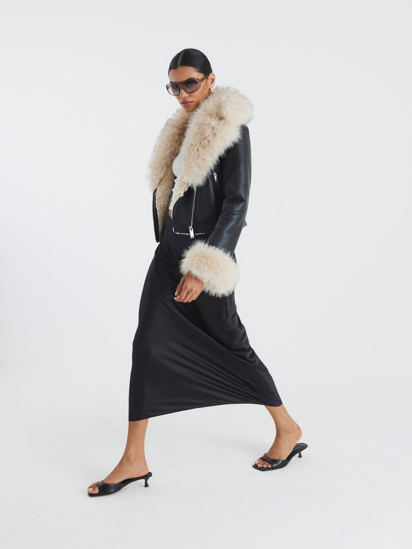 Image 3 of 4 of River Island Faux Fur Leather Biker Jacket - Black