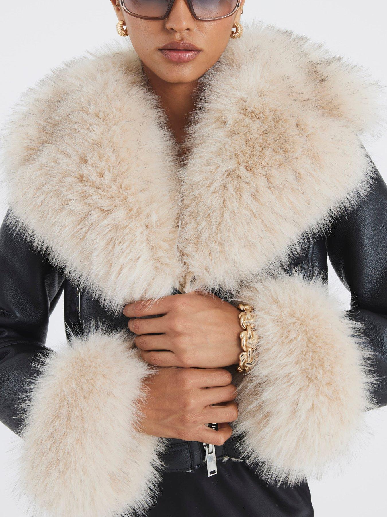 Image 4 of 4 of River Island Faux Fur Leather Biker Jacket - Black