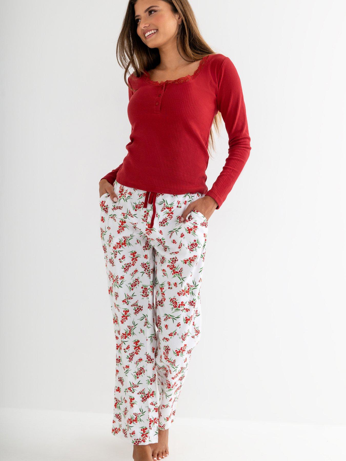 Image 1 of 4 of Pour Moi Rib Jersey Lace Trim Henley Top and Brushed Cotton Pyjama Set