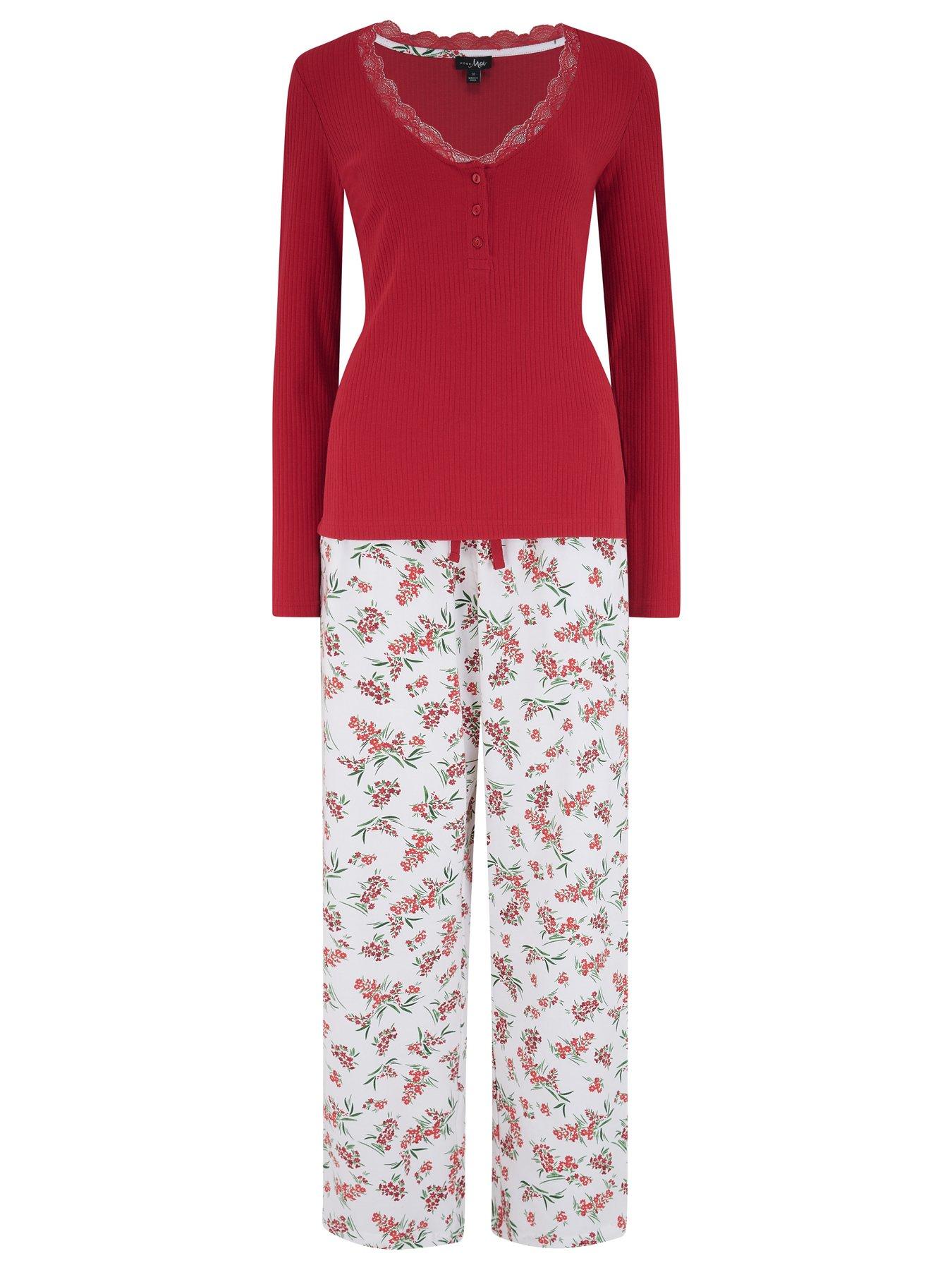 Image 3 of 4 of Pour Moi Rib Jersey Lace Trim Henley Top and Brushed Cotton Pyjama Set
