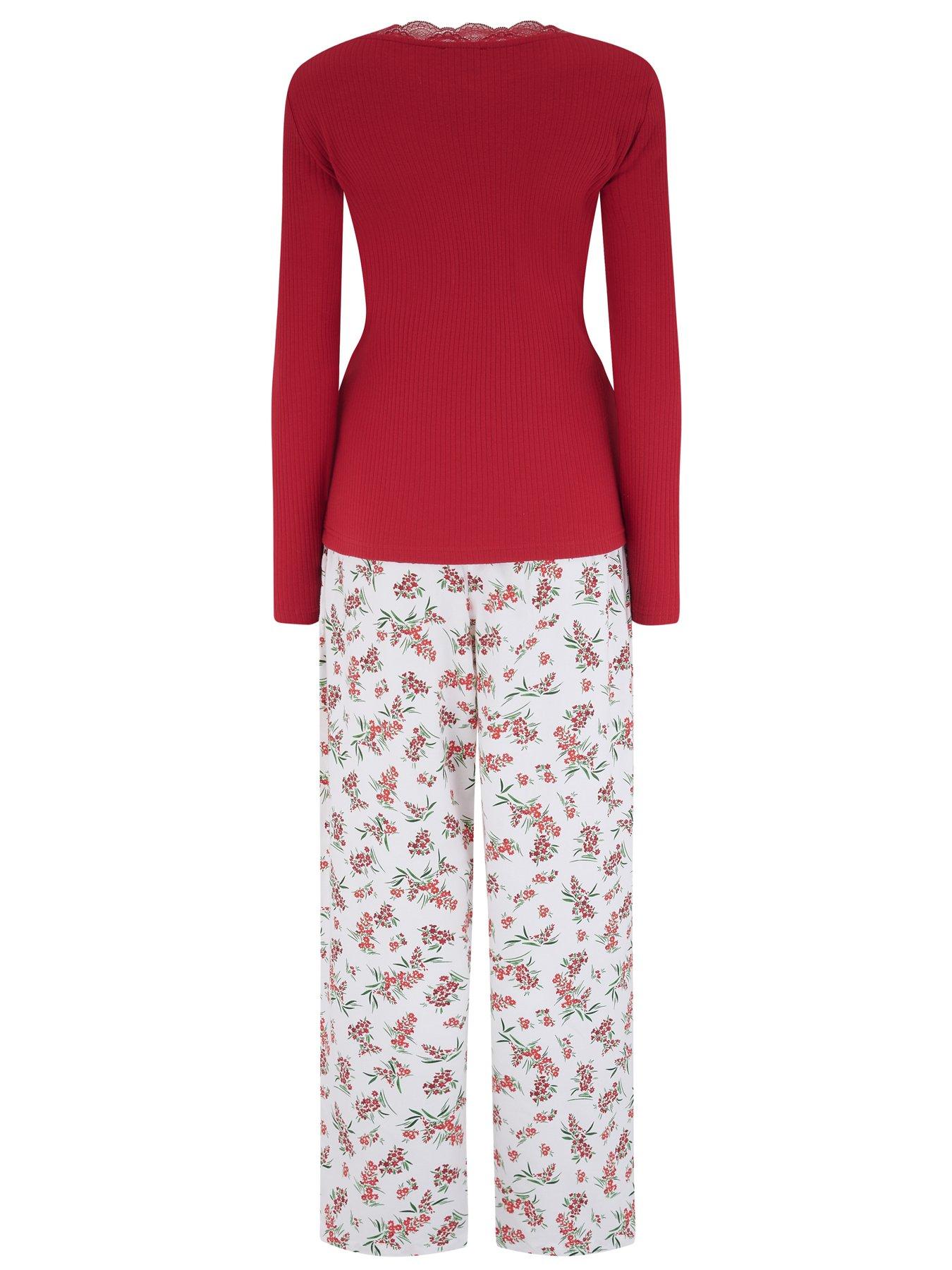 Image 4 of 4 of Pour Moi Rib Jersey Lace Trim Henley Top and Brushed Cotton Pyjama Set