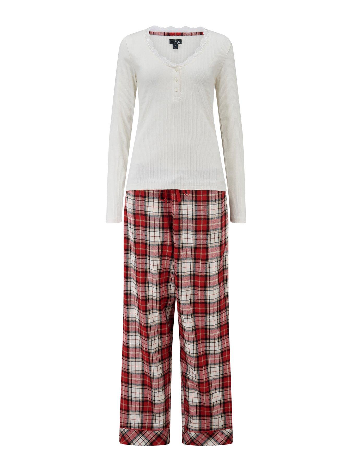 Image 3 of 4 of Pour Moi Rib Jersey Lace Trim Henley Top and Check Trouser Pyjama Set