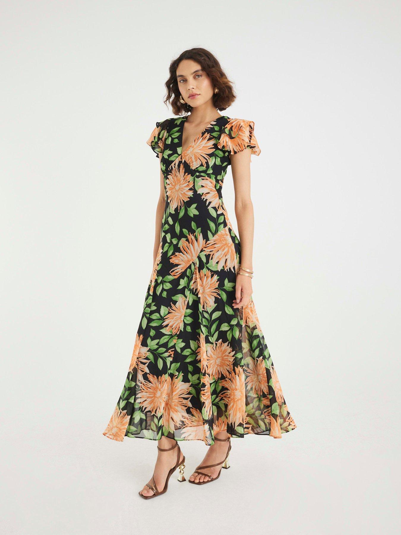 undefined Floral Flutter Sleeve Midi Dress - Black