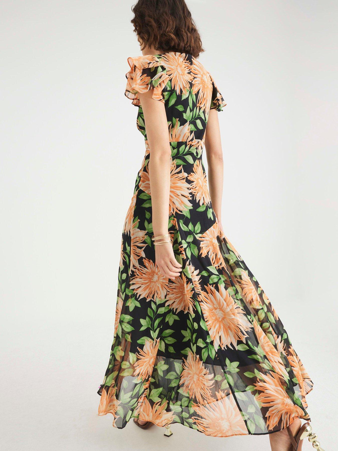 Image 2 of 4 of River Island Floral Flutter Sleeve Midi Dress - Black