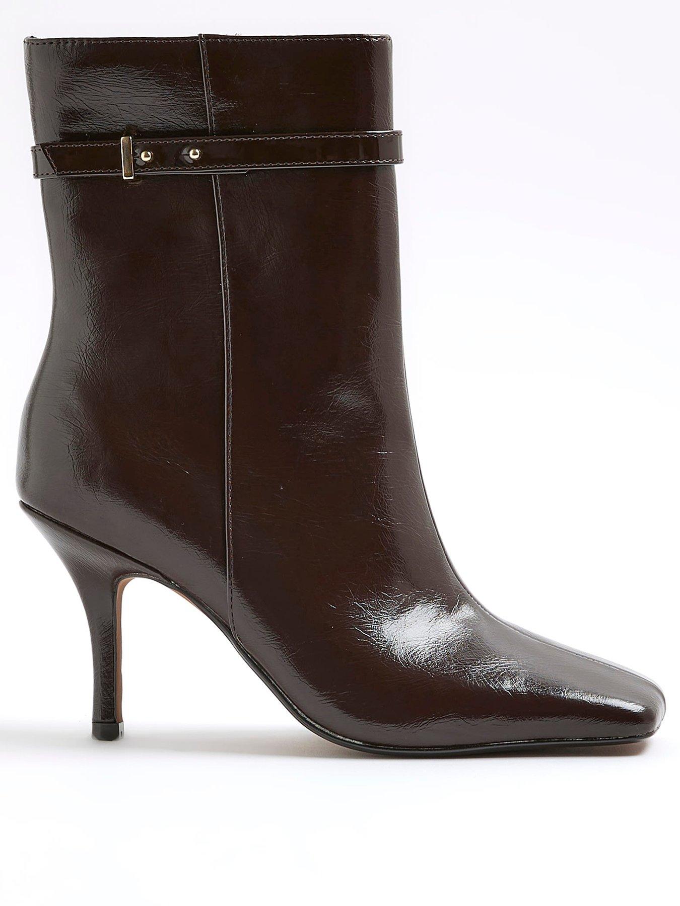 Image 1 of 5 of River Island Square Toe Heeled Ankle Boots - Brown