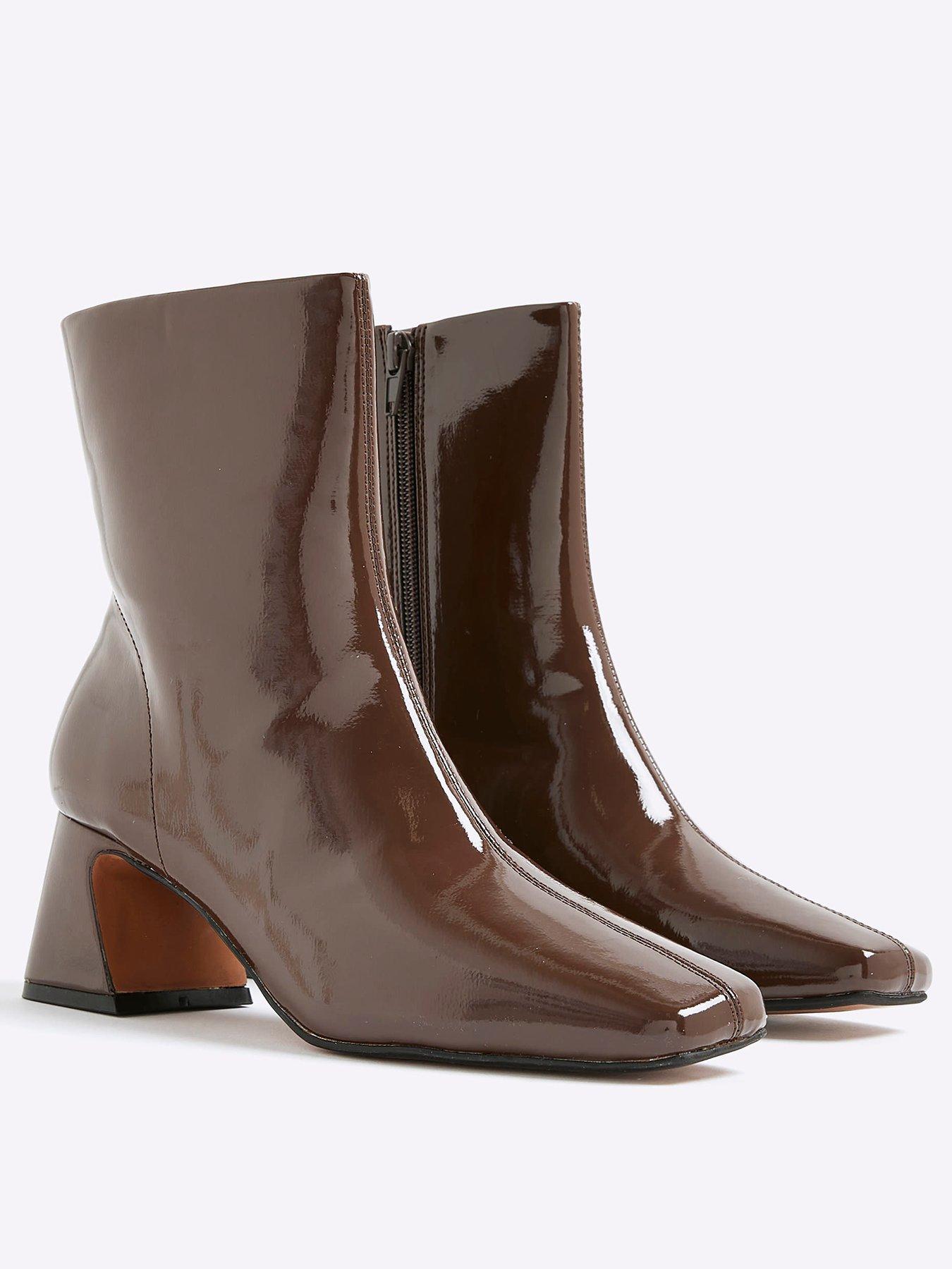 Image 2 of 5 of River Island Patent Block Heel Ankle Boots - Brown